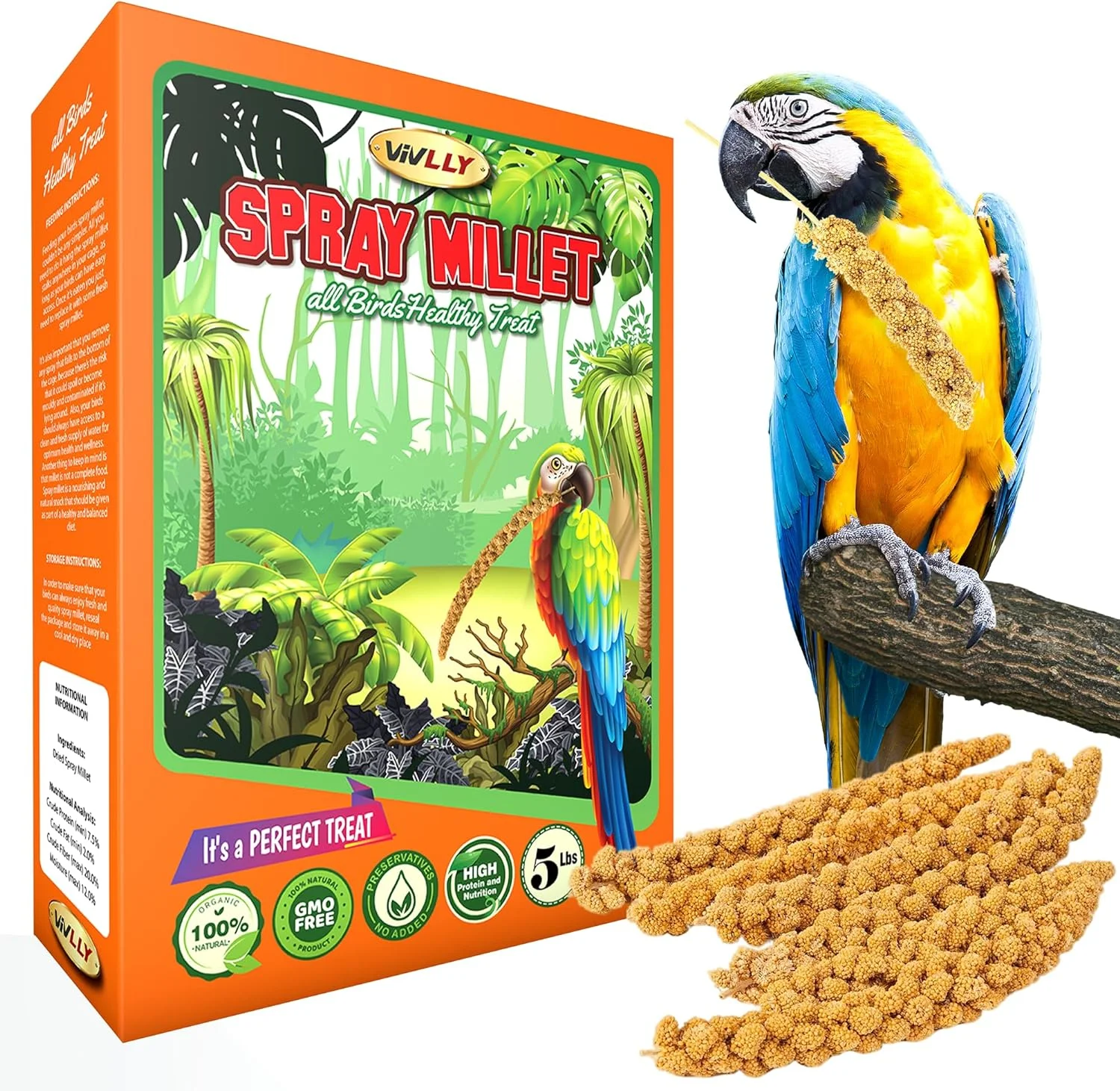Vivlly 5LBS GMO-Free Sun Dried Spray Millet - Original Bird Treat Millet for Parakeets, Cockatiels, Finches & More - Non-GMO, High in Amino Acids, Easy Storage, Tasty & Healthy Bird Snacks (5 lbs)