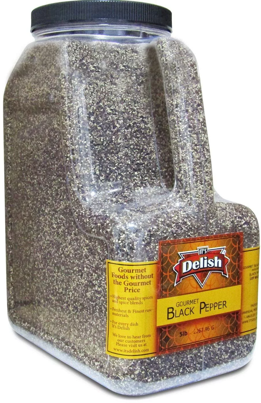 Gourmet Ground Black Pepper by Its Delish, 5 lb Restaurant Gallon Size Container Jug with Handle