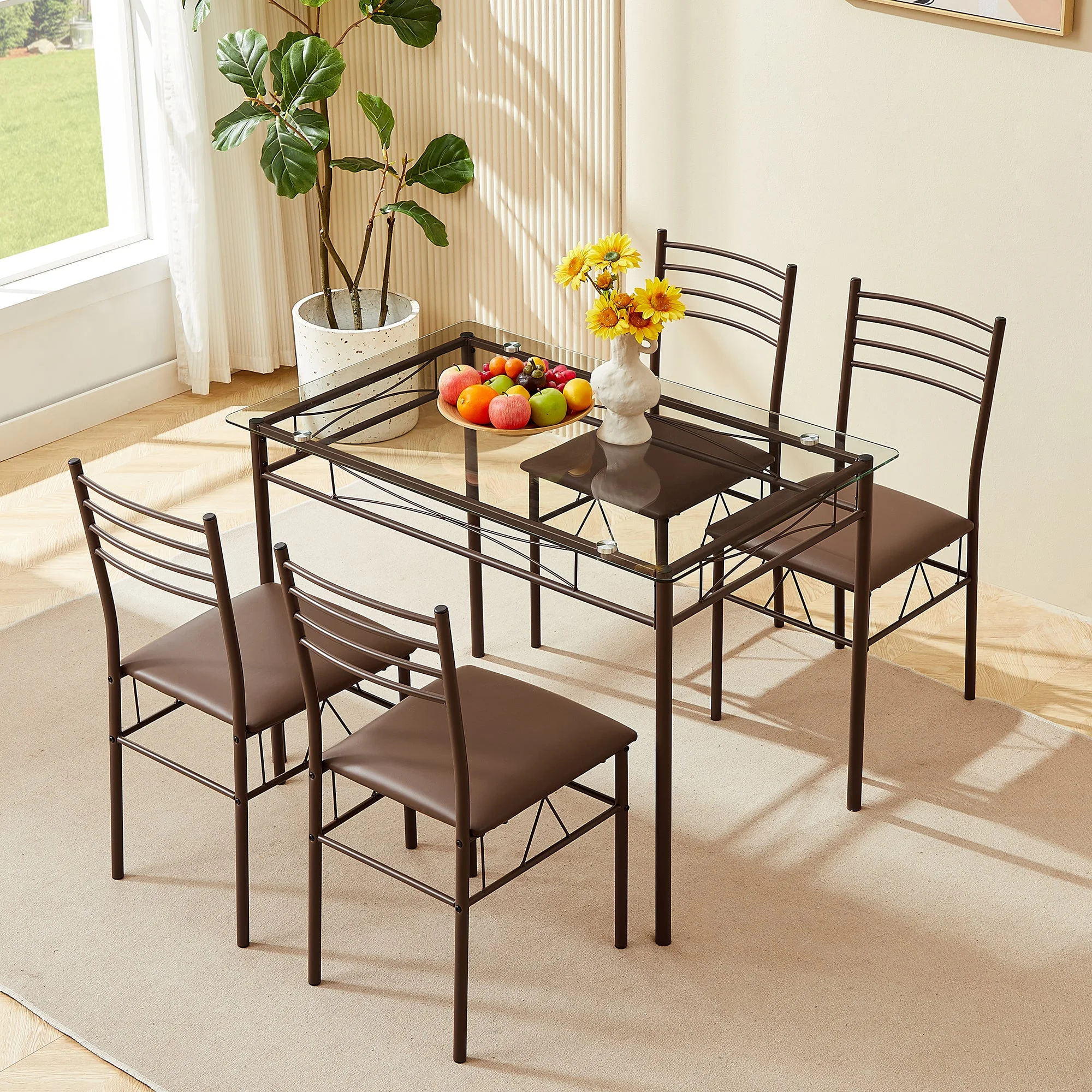 VECELO 5-Piece Dining Table Set, Kitchen Dining Room Table and 4 Chairs, Glass Table Top with Metal Frame, Space Saving, Brown