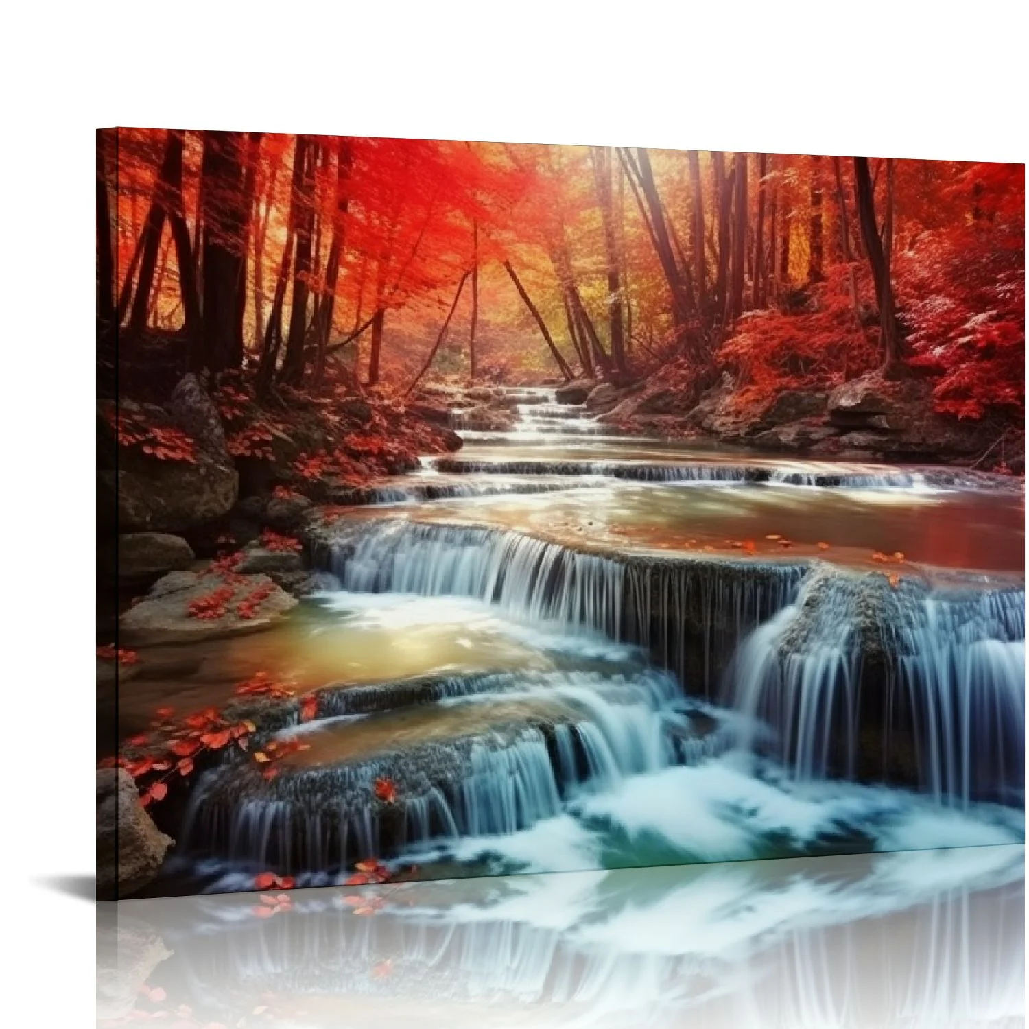 COMIO  BK03950 Wall Art Decor Canvas Print Picture Red Forest Waterfalls Modern Landscape Tree for Living Room Bedroom Kitchen Office Home Decorations Stretched and Framed Ready to Hang