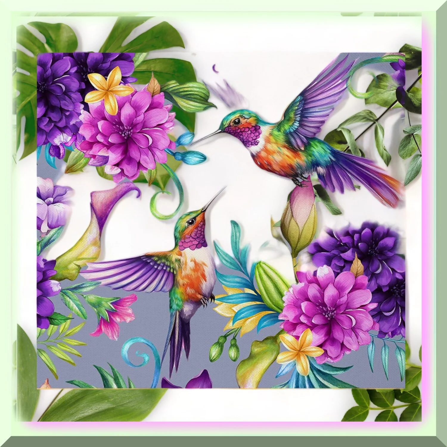 Tropical Garden Delight Fabric - Vibrant Hummingbird Floral Upholstery for Chairs, Watercolor Outdoor Decor - 1 Yard, Purple Grace