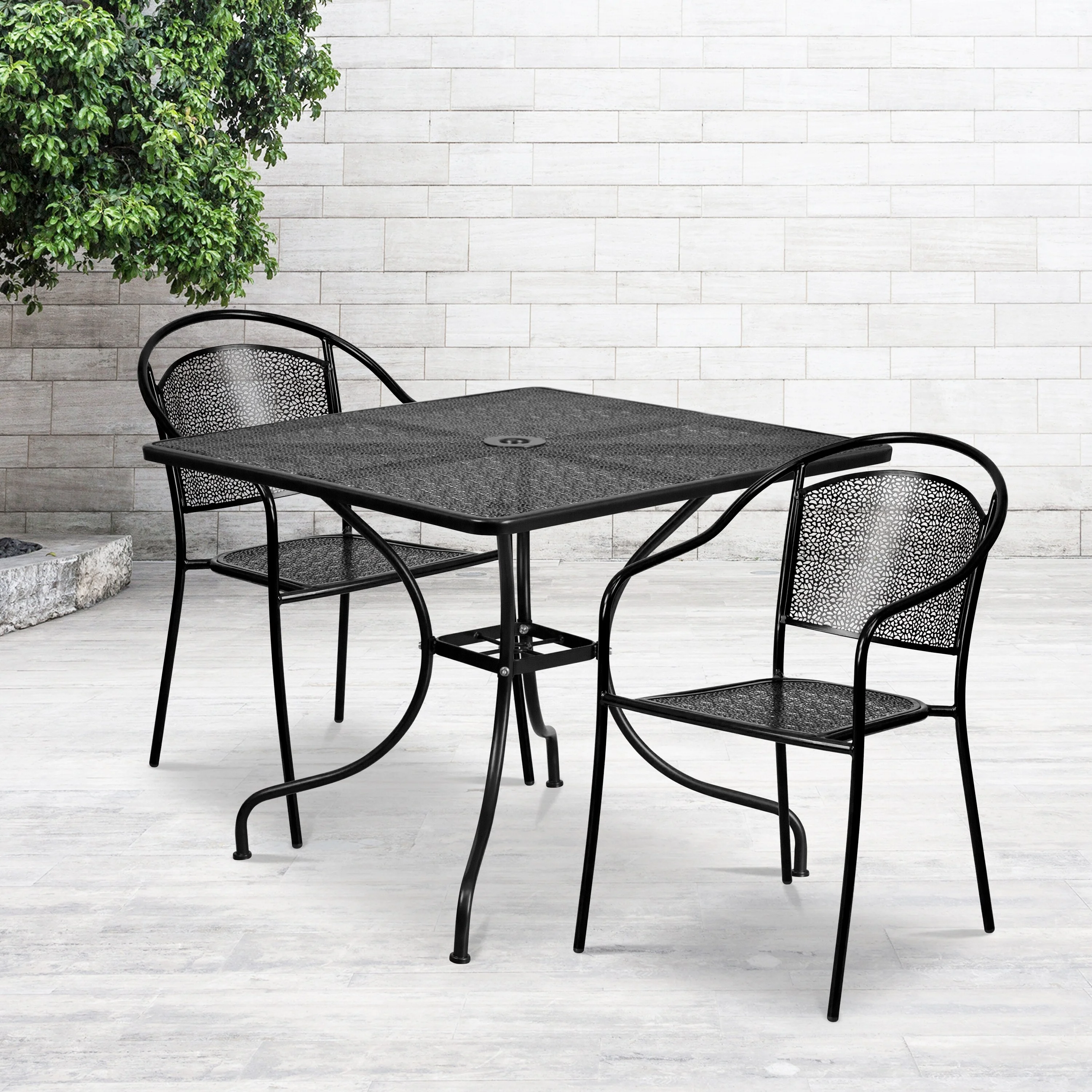 Flash Furniture 35.5-inch Square Steel 3-piece Patio Table Set with Round Back Chairs Black