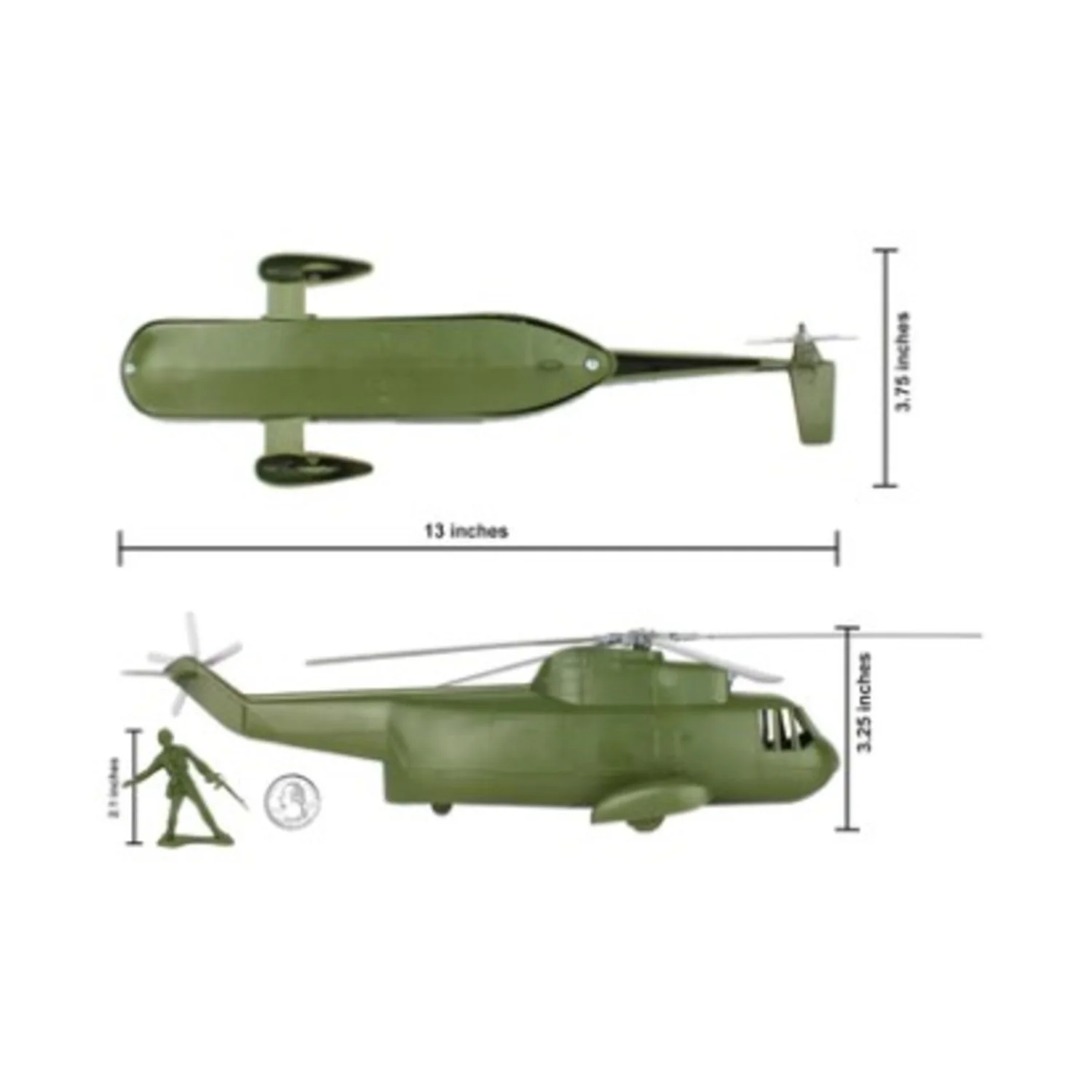 TimMee Plastic Army Men HELICOPTER Playset - OD Green 26pc Made in USA