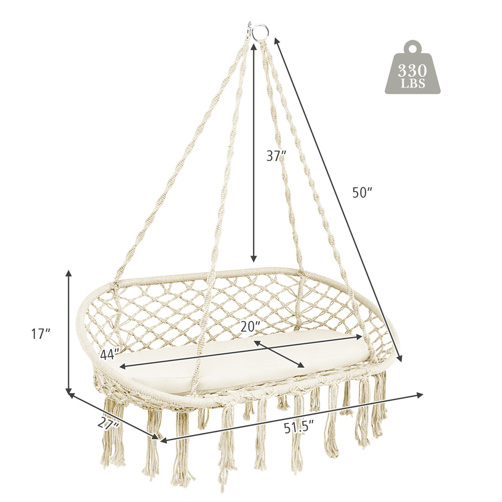 2 Person Hanging Hammock Chair with Cushion Macrame Swing 330 lbs Capacity Beige