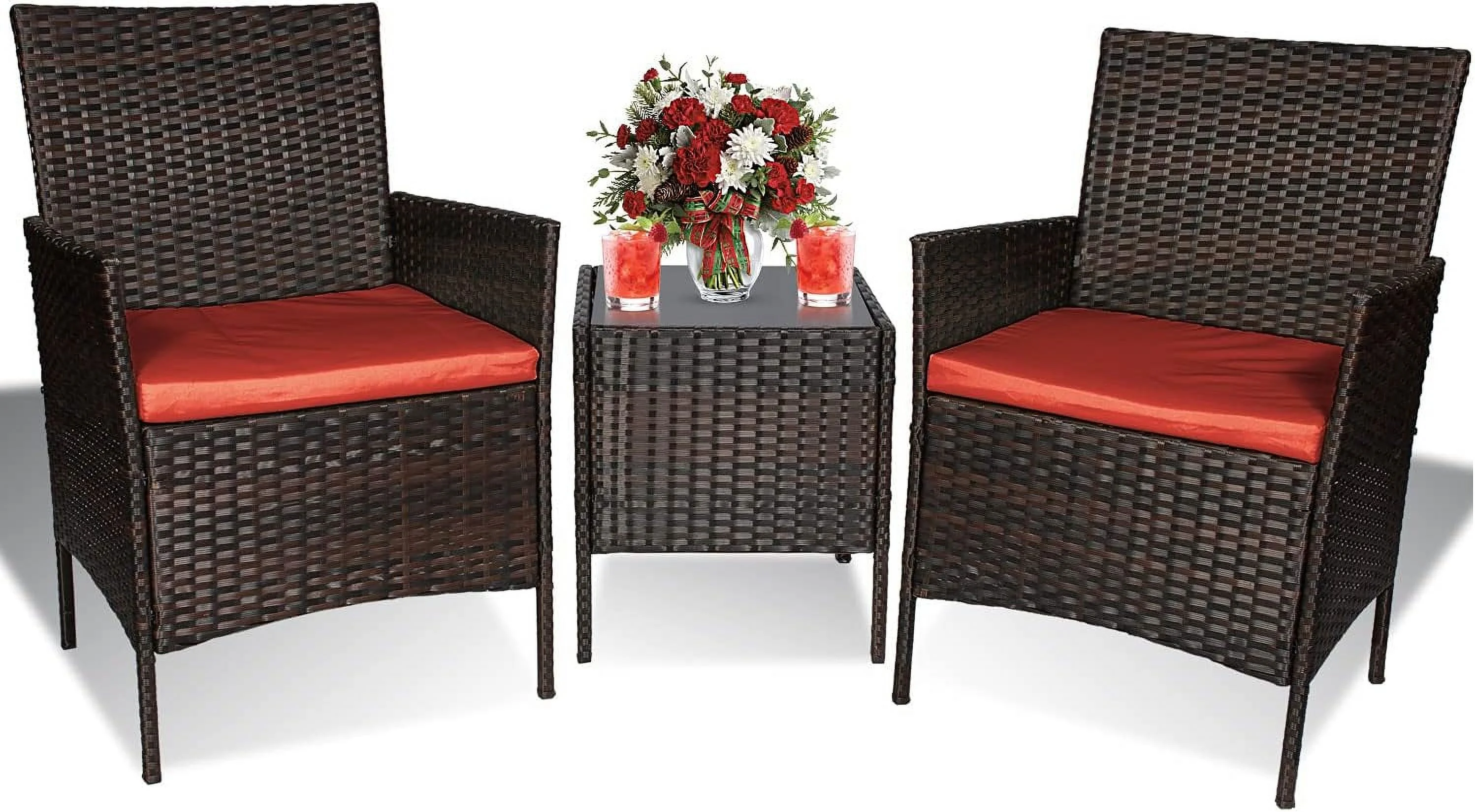 3 Piece Patio Furniture Set,Outdoor Wicker Rattan Conversation Set,Porch PE Outdoor Set with Coffee Table, Chairs & Thick Cushions, for Garden Lawn Backyard Pool (Brown-Rust)