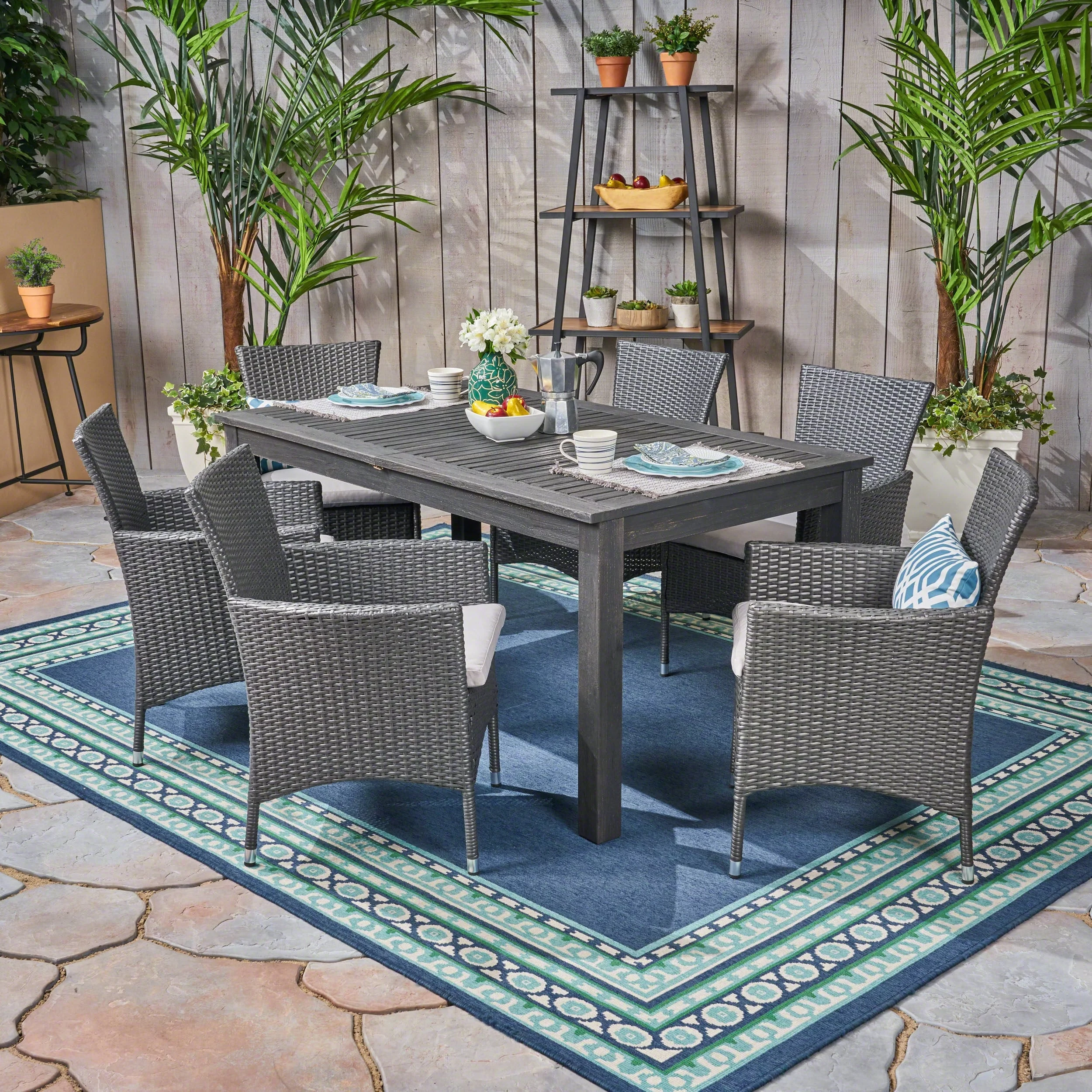 Christopher Knight Home Nora Outdoor 7 Piece Acacia Wood and Wicker Expandable Dining Set by  natural + multi brown + beige cushion