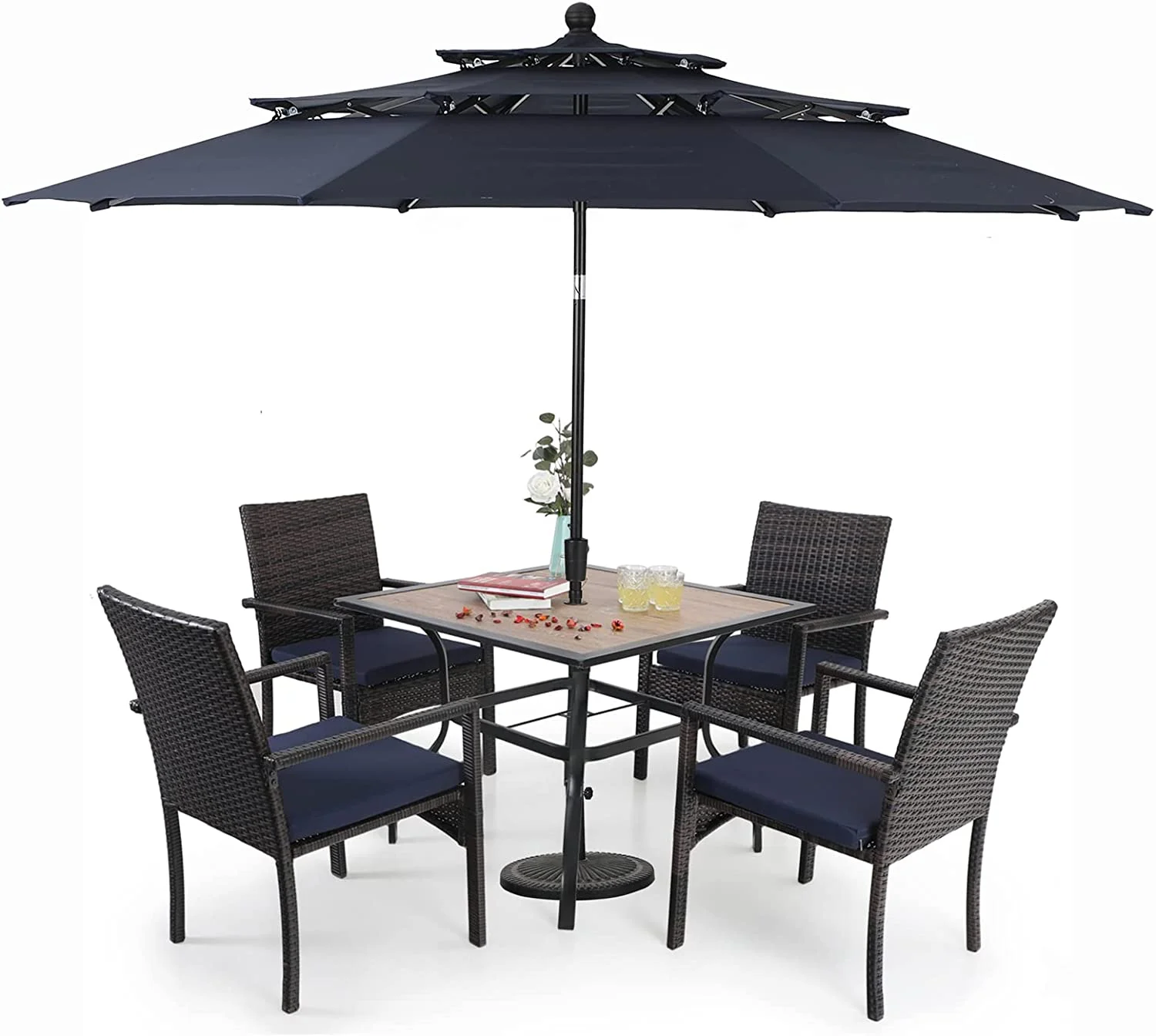 durable & William Outdoor 6 Pieces Dining Set with 4 Rattan Chairs  1 Wood-Like Metal Table and 1 10ft 3 Tier Auto-tilt Umbrella(No Base) Red  Modern Patio Furniture for Poolside  Por