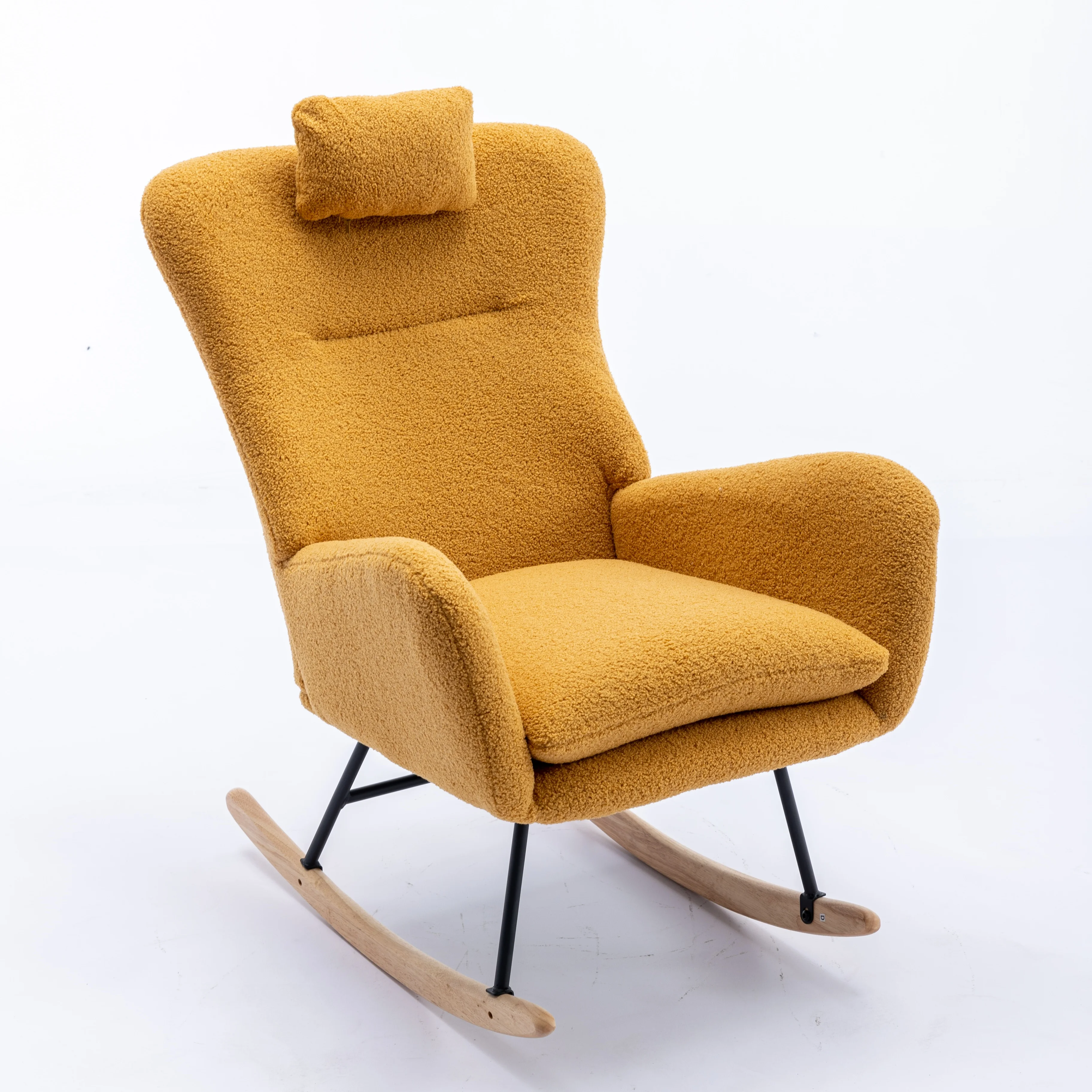 CoSoTower 35.5 Inch Rocking Chair, Soft Teddy Velvet Fabric Rocking Chair for Nursery, Comfy Wingback Glider Rocker with Safe Solid Wood Base for Living Room Bedroom Balcony (Turmeric)