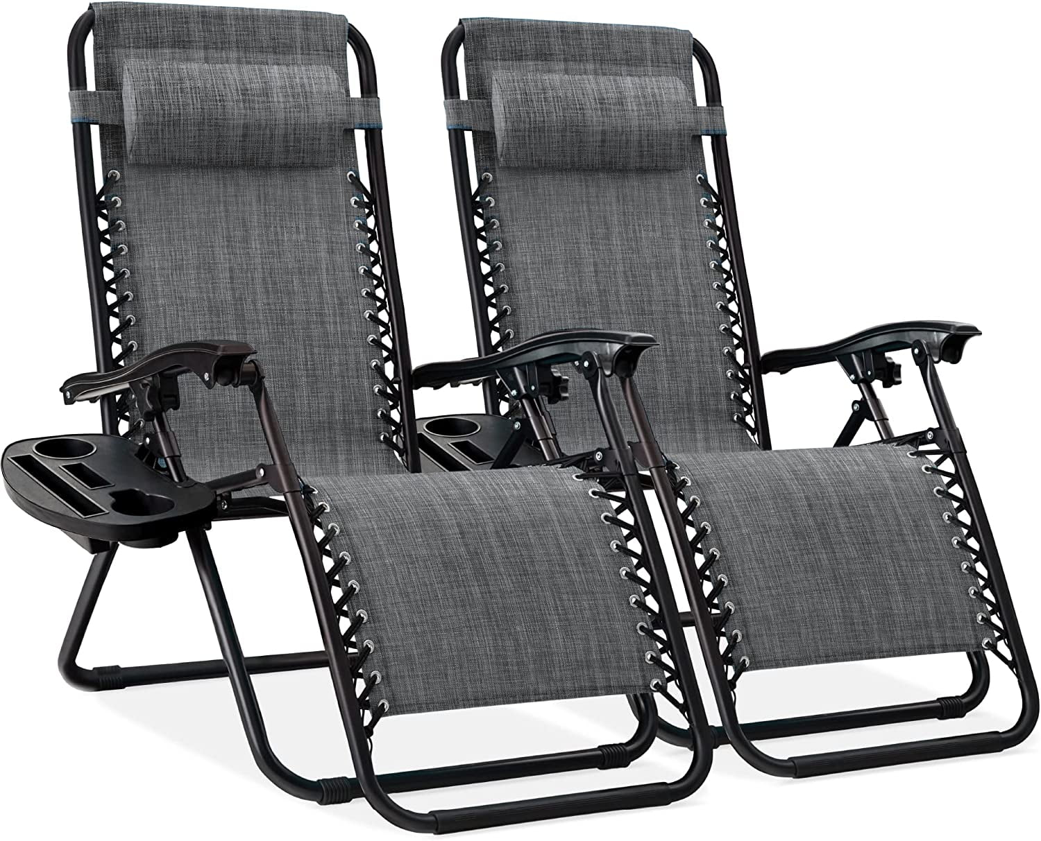Set of 2 Adjustable Steel Mesh Zero Gravity Lounge Chair Recliners w/Pillows and Cup Holder Trays, Gray