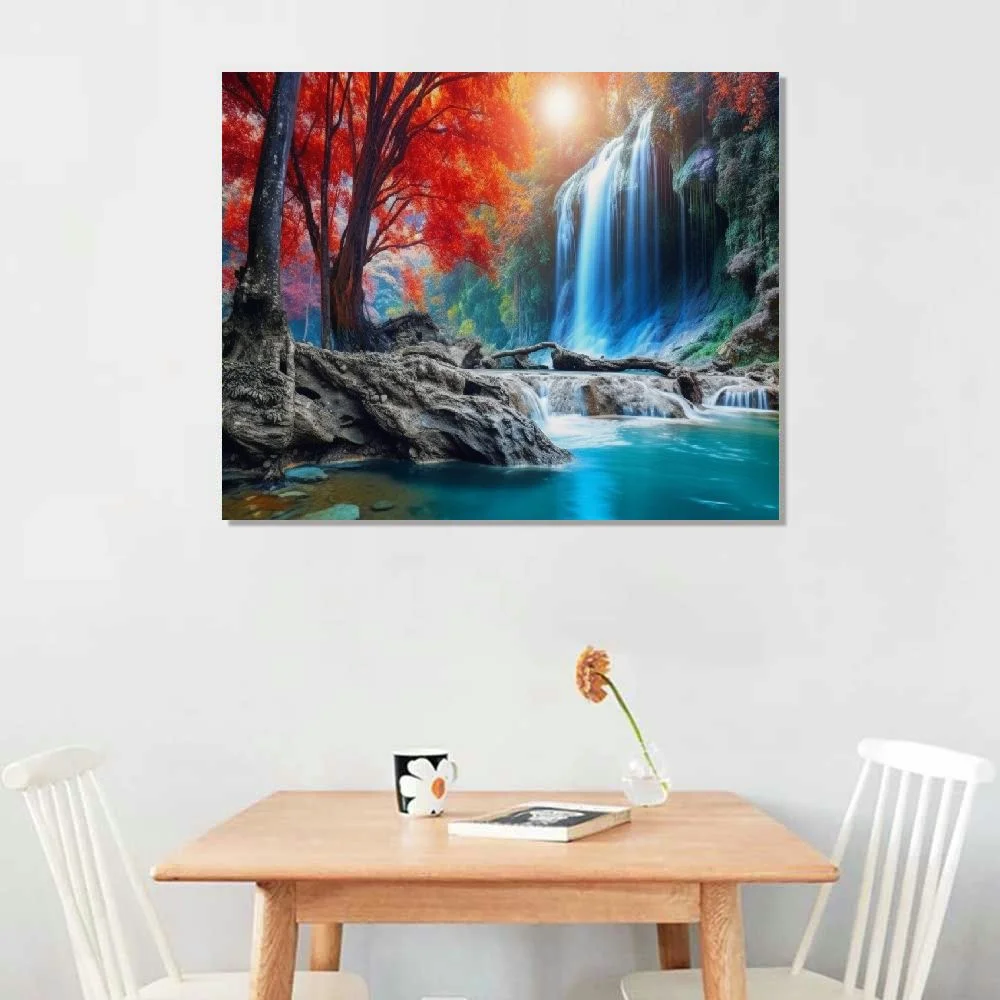 Zhiwo Nature Mountain Waterfall Canvas Wall Art Forest Scenery Picture Decor 20x16”, Red Tree Autumn Sunset River  for Living Room Bedroom Office Home Decoration 20x16in