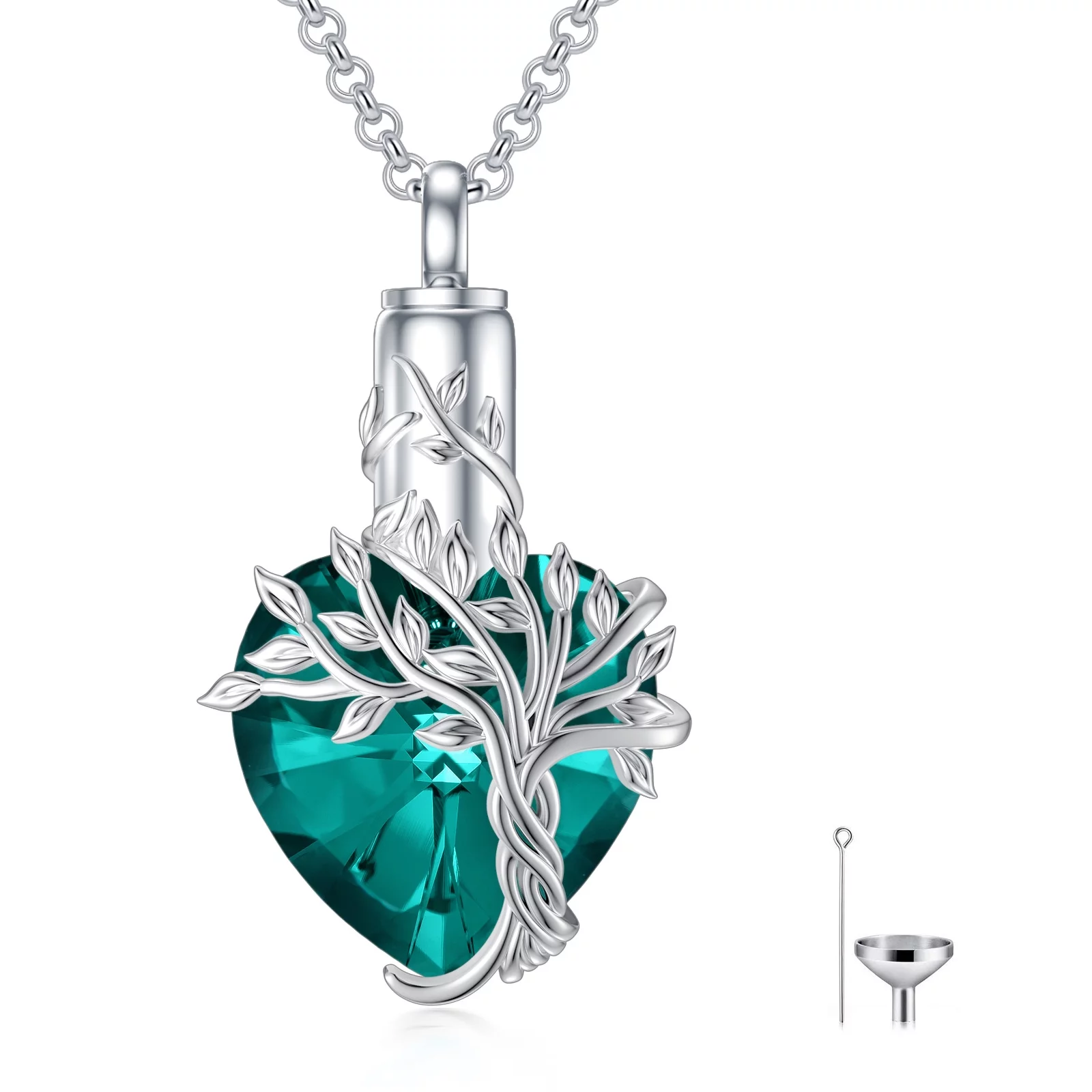WINNICACA S925 Sterling Silver Tree of Life Urn Necklaces for Ashes Cremation Jewelry with Emerald Crystal with Memorial Jewelry Gifts for Women with Funnel Filler,Green