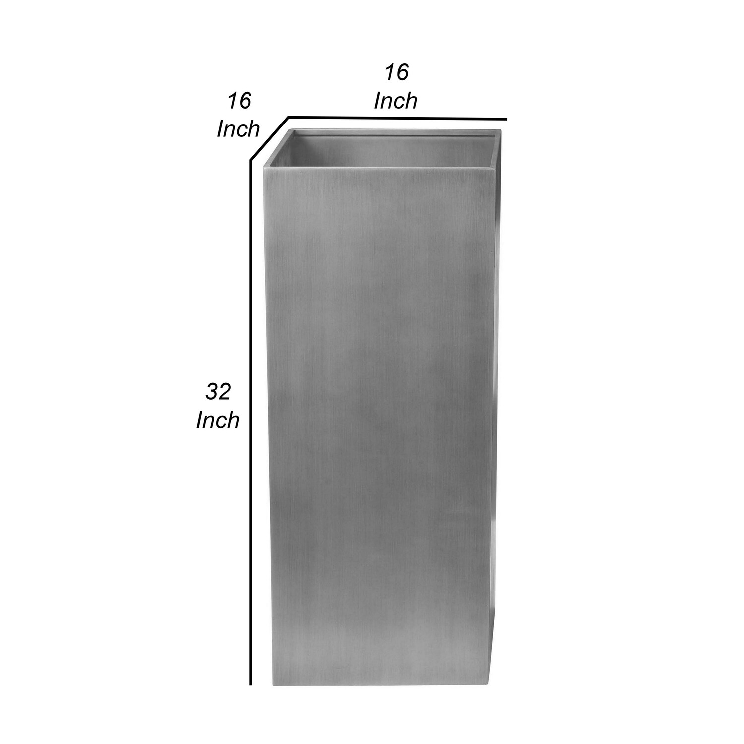 Benjara Jo 32 Inch Tall Flower Pot Planter, Hidden Indented Box, Gray Brushed Metal