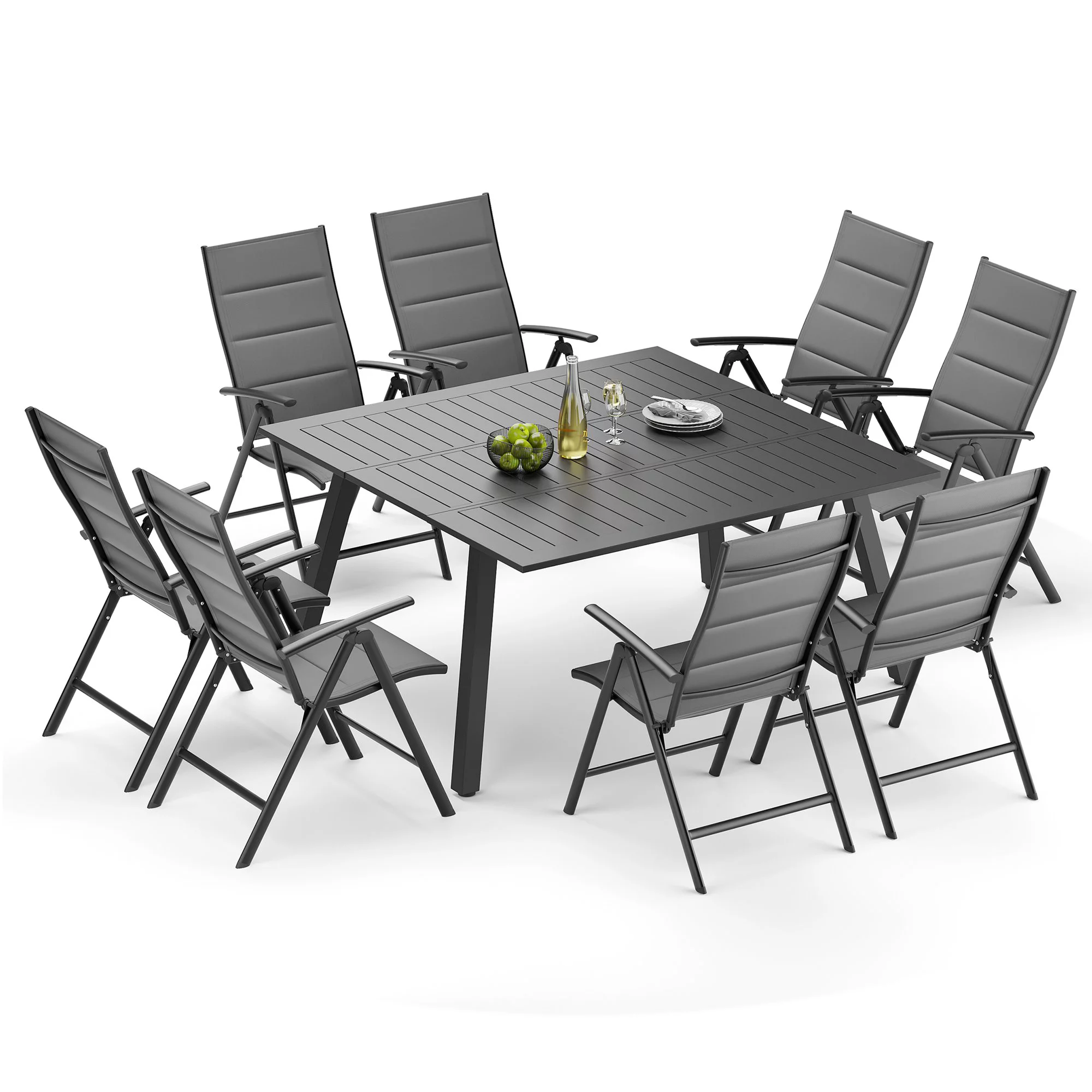 Pellebant 9 Pcs Patio Dining Set Aluminum Expandable Table and Chairs Set for 6-8 People Black