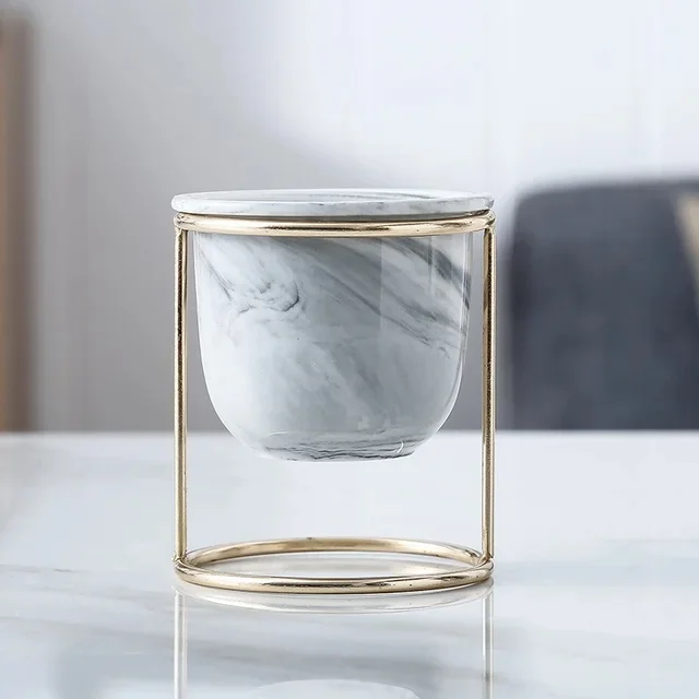 Nordic Style Marbled Gold Iron Frame Ceramic Flower Pot  Decor Vaso Para Bonsai Balcony Plant Pots  Cactus Wholesale