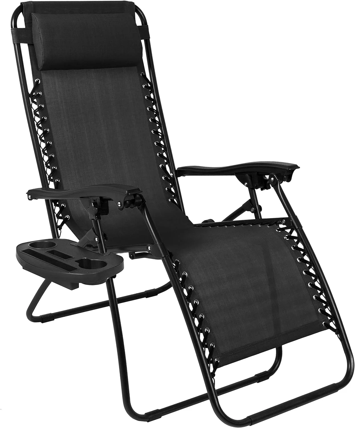 Set of 2 Adjustable Steel Mesh Zero Gravity Lounge Chair Recliners w/Pillows and Cup Holder Trays, Black