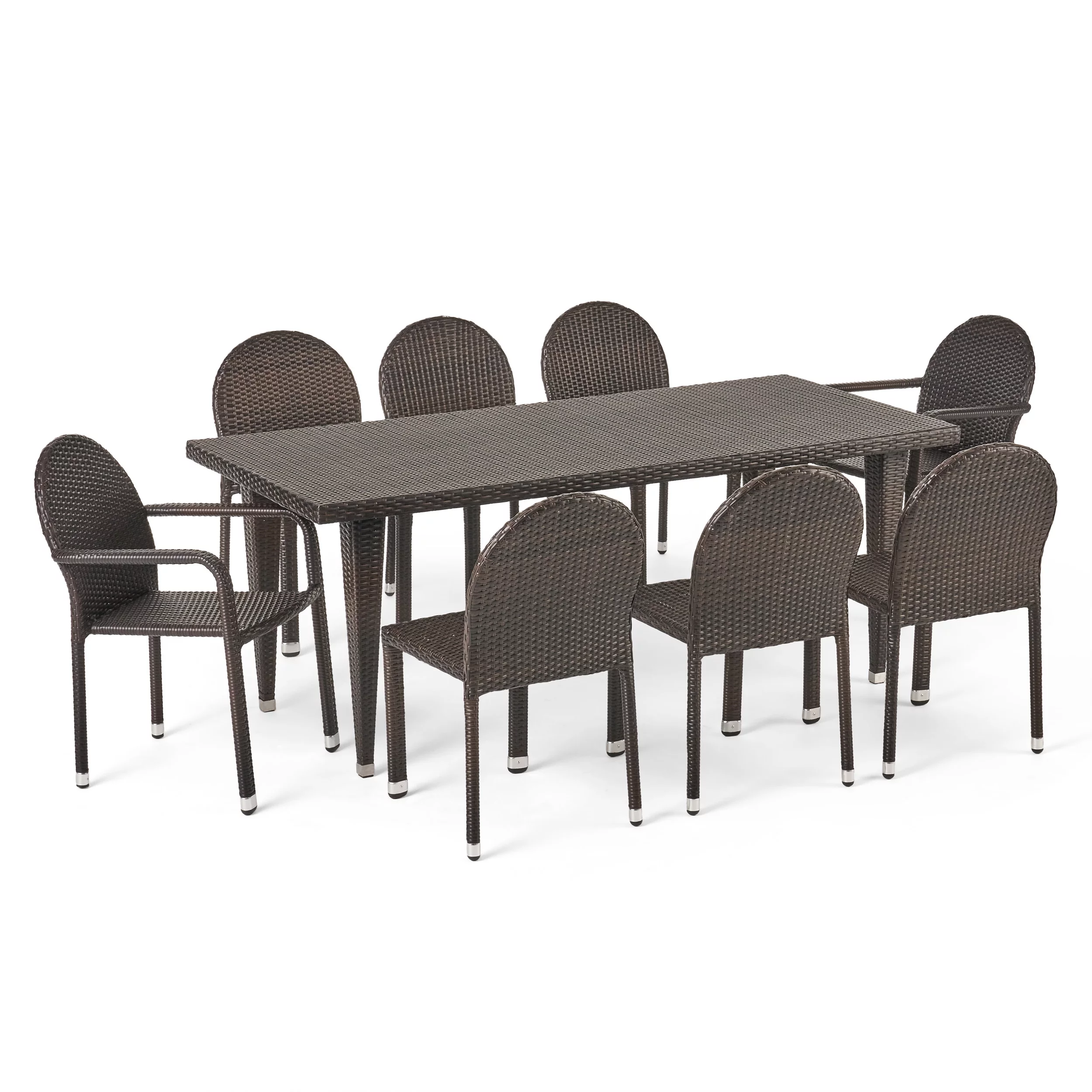 Noble House Murphy Outdoor 9 Piece Wicker Dining Set with Aluminum Framed Stacking Chairs, Multi Brown