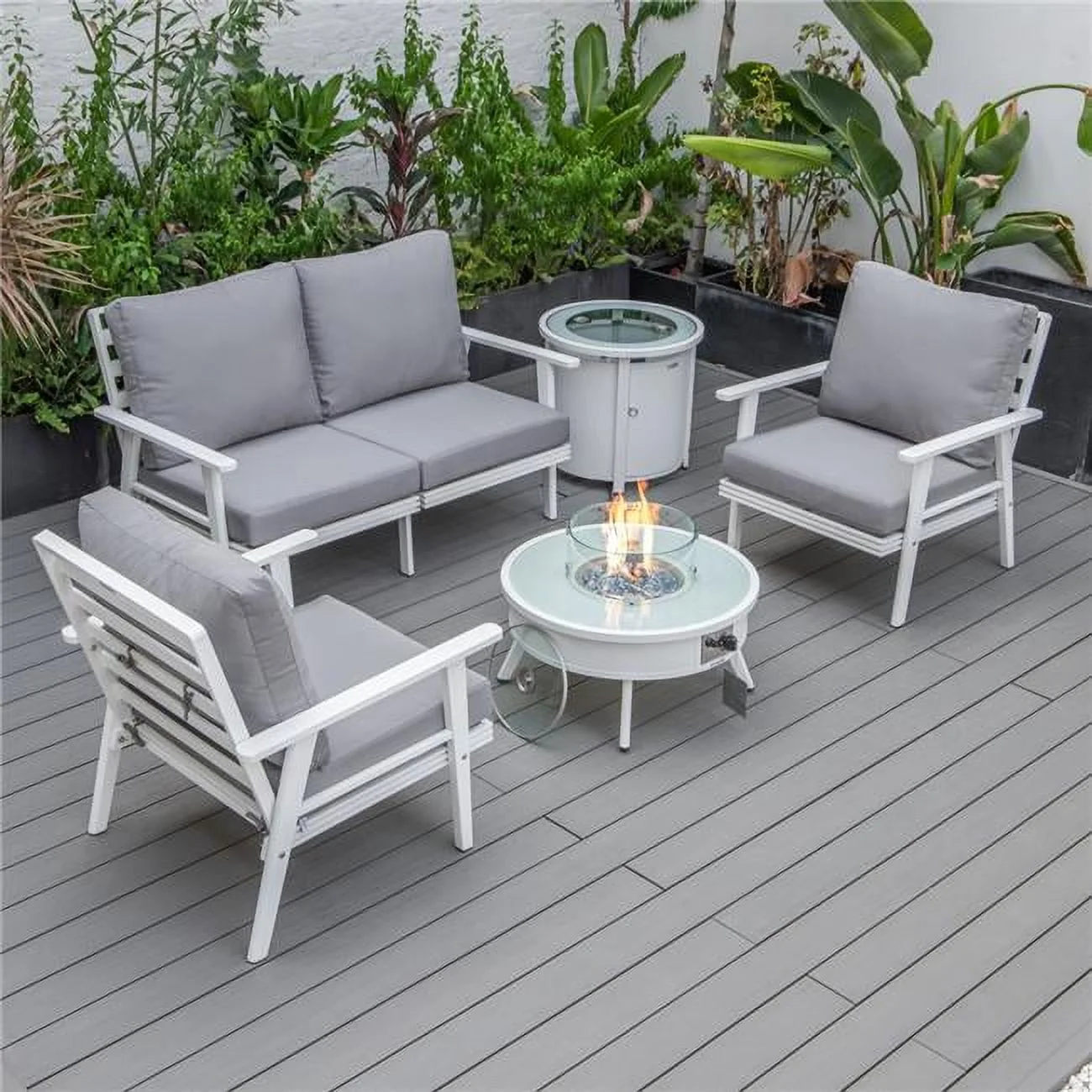 Walbrooke Modern White Patio Conversation with Round Fire Pit & Tank Holder, Gray