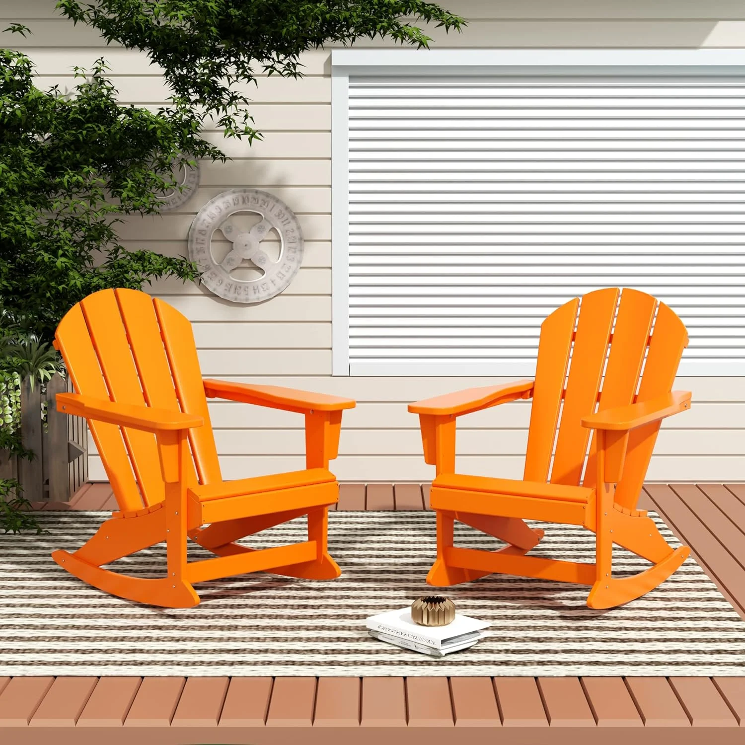 Home Furniture Patio Rocking Chair 2PCS  HDPE Adirondack Rocker Chair For Lawn Garden Porch (Orange)