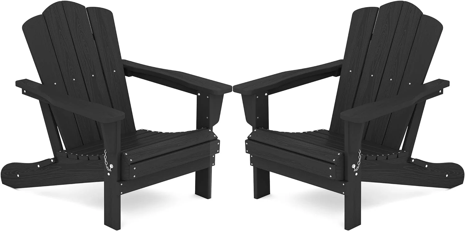 KINGYES Folding Adirondack Chair Set of 2, HDPE All-Weather Folding Adirondack Chairs, Outdoor Patio Weather Resistant Adirondack Chair for Deck Lawn fire Pit, Black