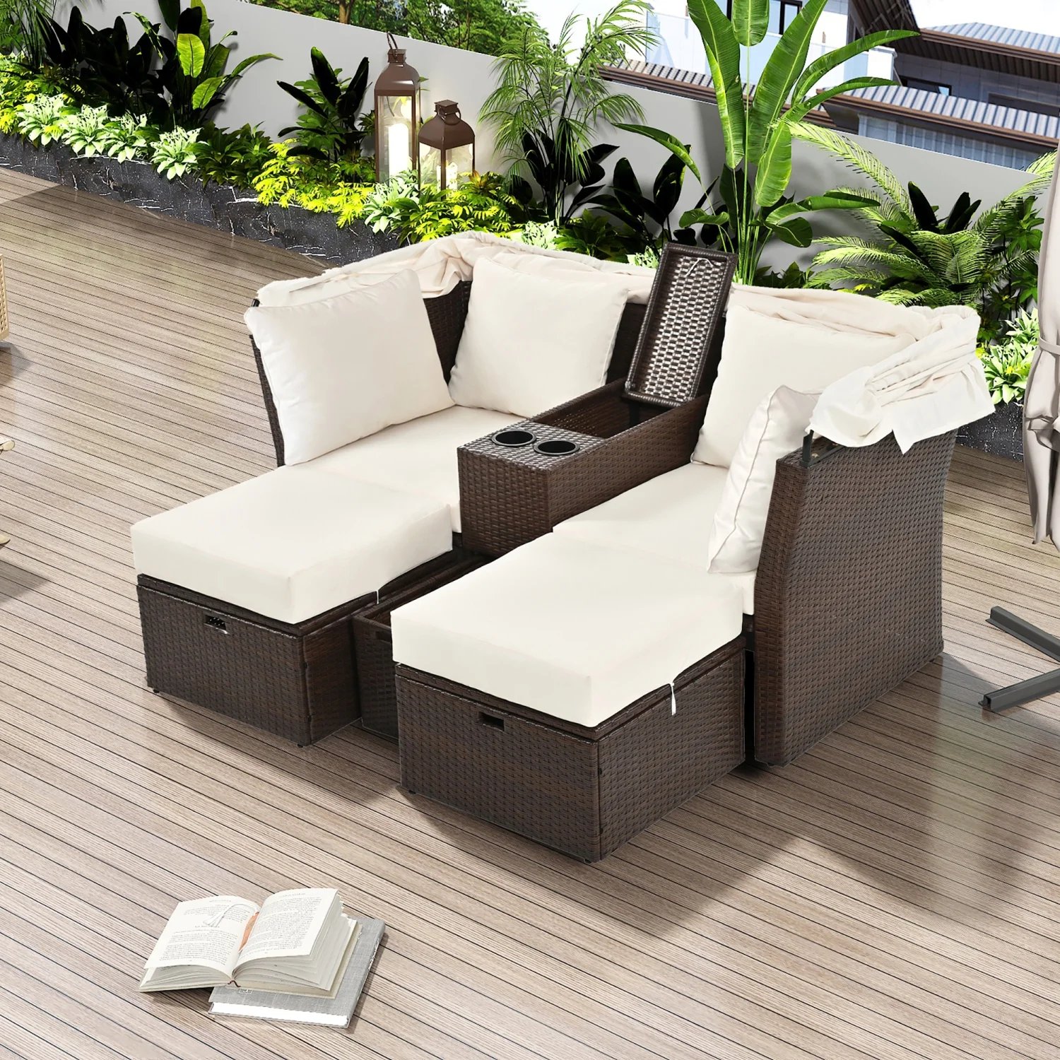 Comfortable  Stylish  and Durable Outdoor Patio Beige Loveseat Sofa Set with Foldable Awning and Cushions - 2-Seater Double Daybed  Perfect for Garden  Balcony  Poolside Use