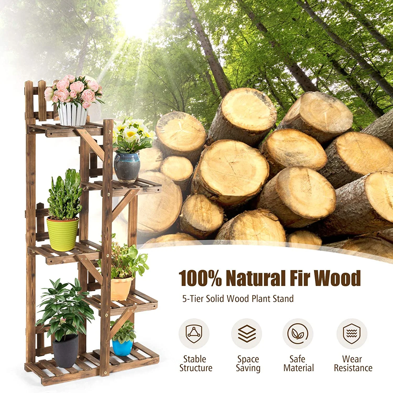 Wood Plant Stand Rack 5 Tier 6 Potted, Multiple Plant Stand Flower Pots Holder Display Shelf Rack Planter Indoor Outdoor for Garden Corner Balcony Patio Living Room