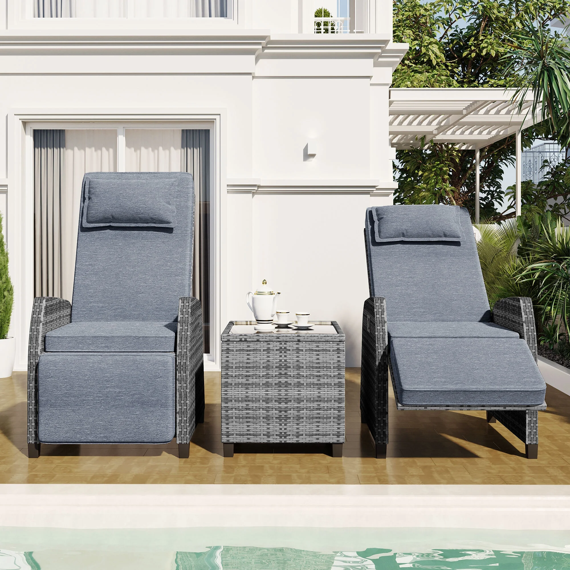 EUROCO 3 Pieces Patio Furniture Set,Outdoor Adjustable Rattan Two-person Combination With Coffee Table, Suitable For Courtyard Swimming Pool Balcony,Gray