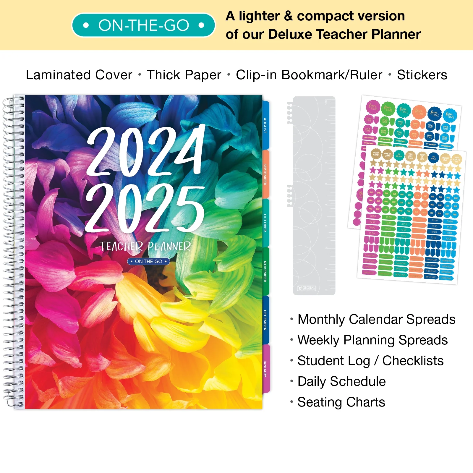 Aug 2024-Jul 2025 Lite Teacher Lesson Planner Notebook 8.5x11 Daily Weekly Monthly Organizers - Includes 7 Periods, Dated Calendar, Page Tabs, Bookmark, and Planning Stickers (Rainbow Petals)