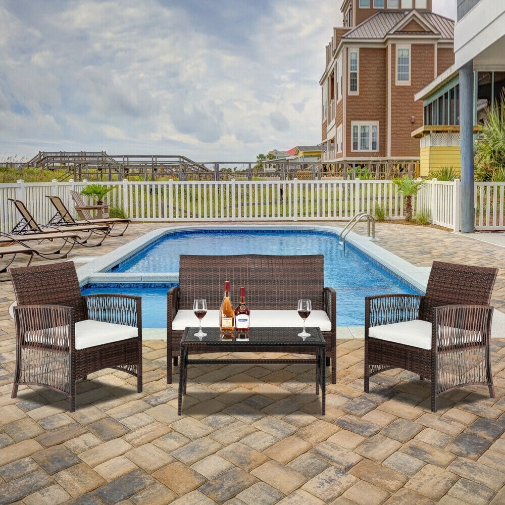 QHTT 4Pcs Garden Patio PE Rattan Set Single Chairs Seat & Coffee Table Loveseat Brown Gradient