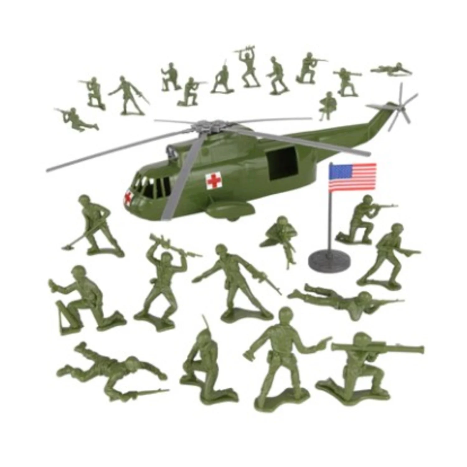TimMee Plastic Army Men HELICOPTER Playset - OD Green 26pc Made in USA