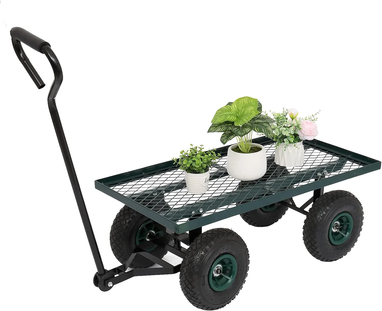Metal Deck Garden Cart with 10” Air Tires, Heavy Duty Wagon Cart for Farm, Yard and Cargo (Green)