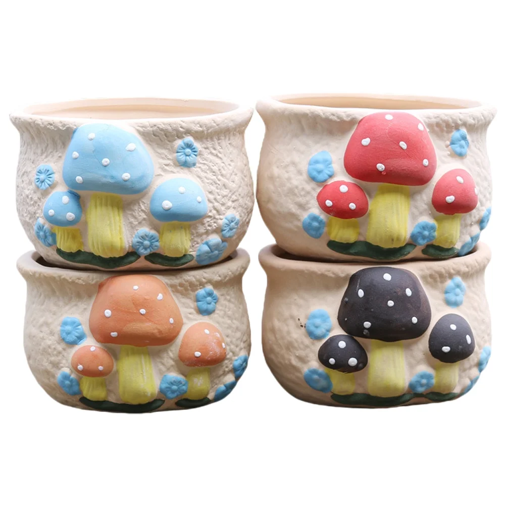 Guichaokj 4pcs Unglazed Ceramic Hand Painted Planters Succulent Pot Desktop Decoration