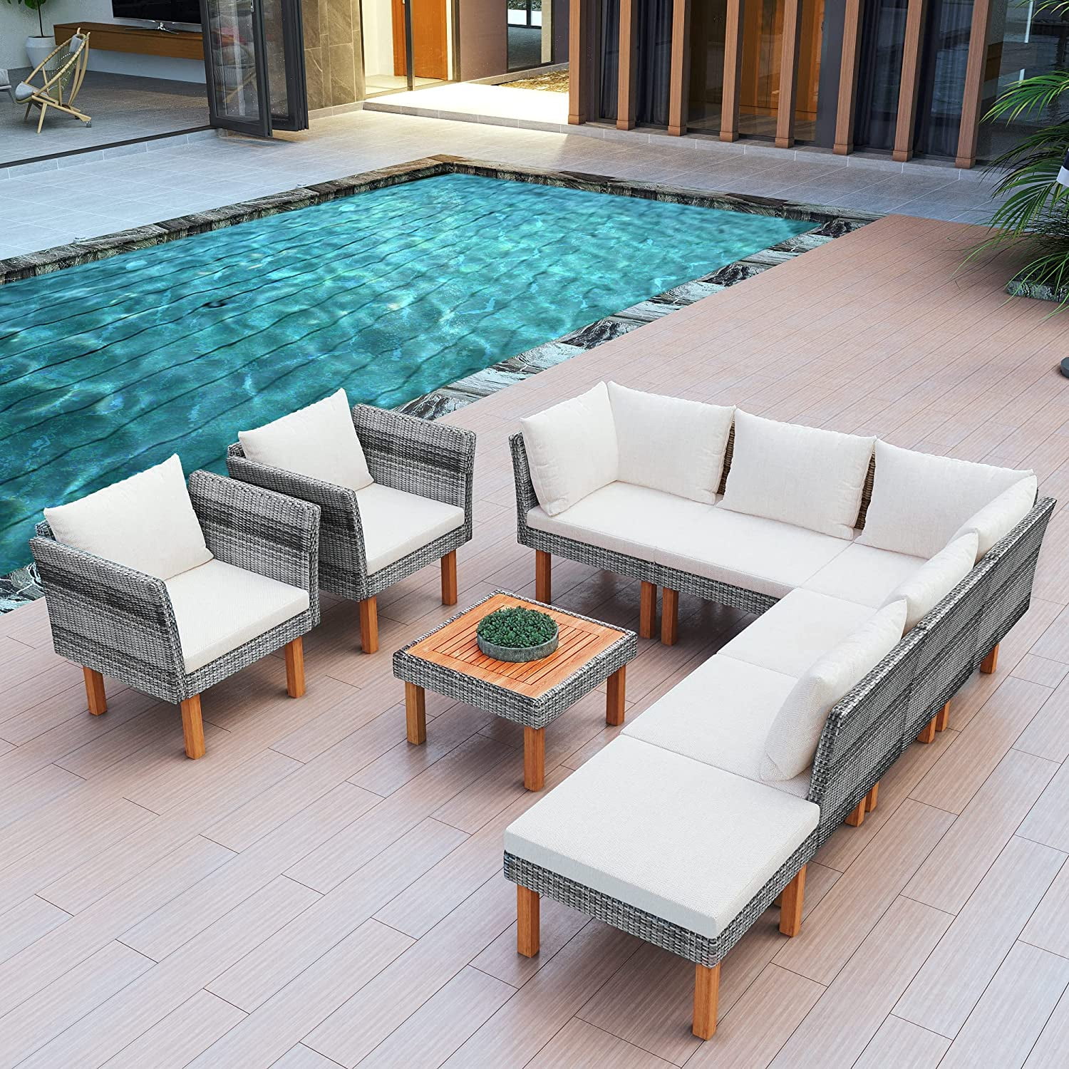 9-Piece Outdoor Patio Wicker Sofa Set  Rattan Furniture with Wood Legs  Coffee Table  Armrest Chairs  Cushions  for Poolside Courtyard Balcony  Beige