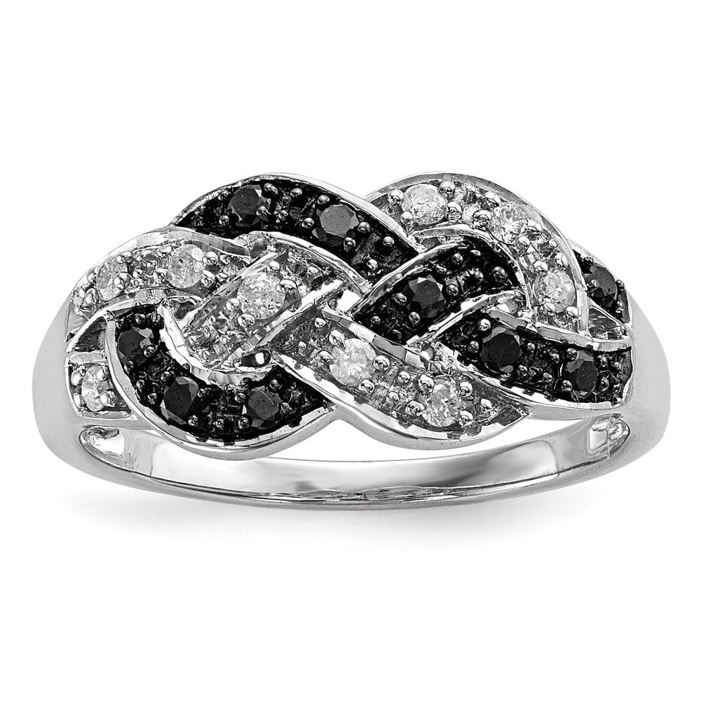 White Night Sterling Silver Rhodium-plated Black and White Diamond Intertwined Ring QQR5437-7