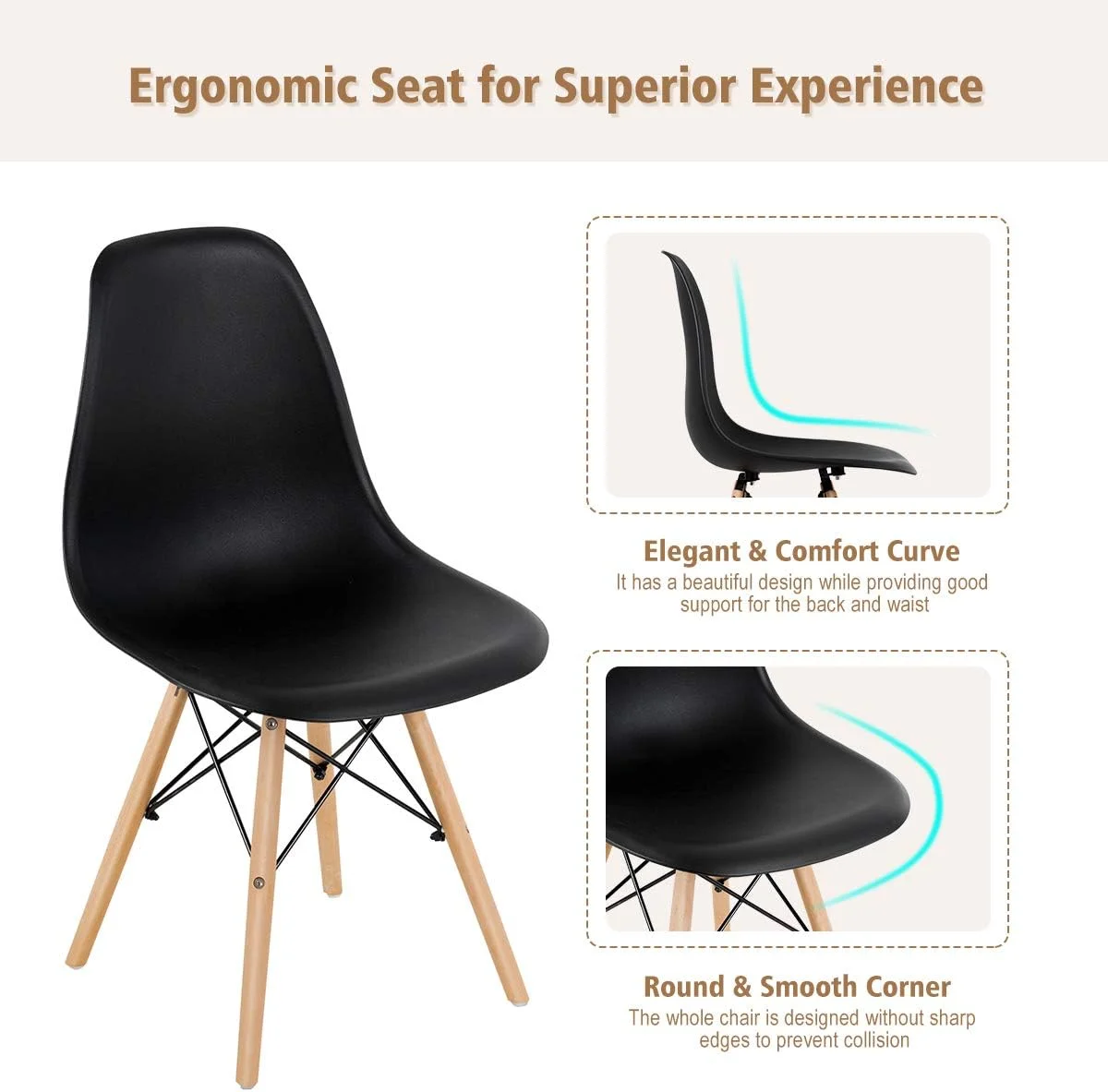 CGFHYP DSW Dining Chairs  Shell Plastic Chairs with Wood Legs  Modern Style Armless Chairs  Room Kitchen Bedroom  Eiffel DSW Style Side Chairs with Ergonomic Backrest   Black