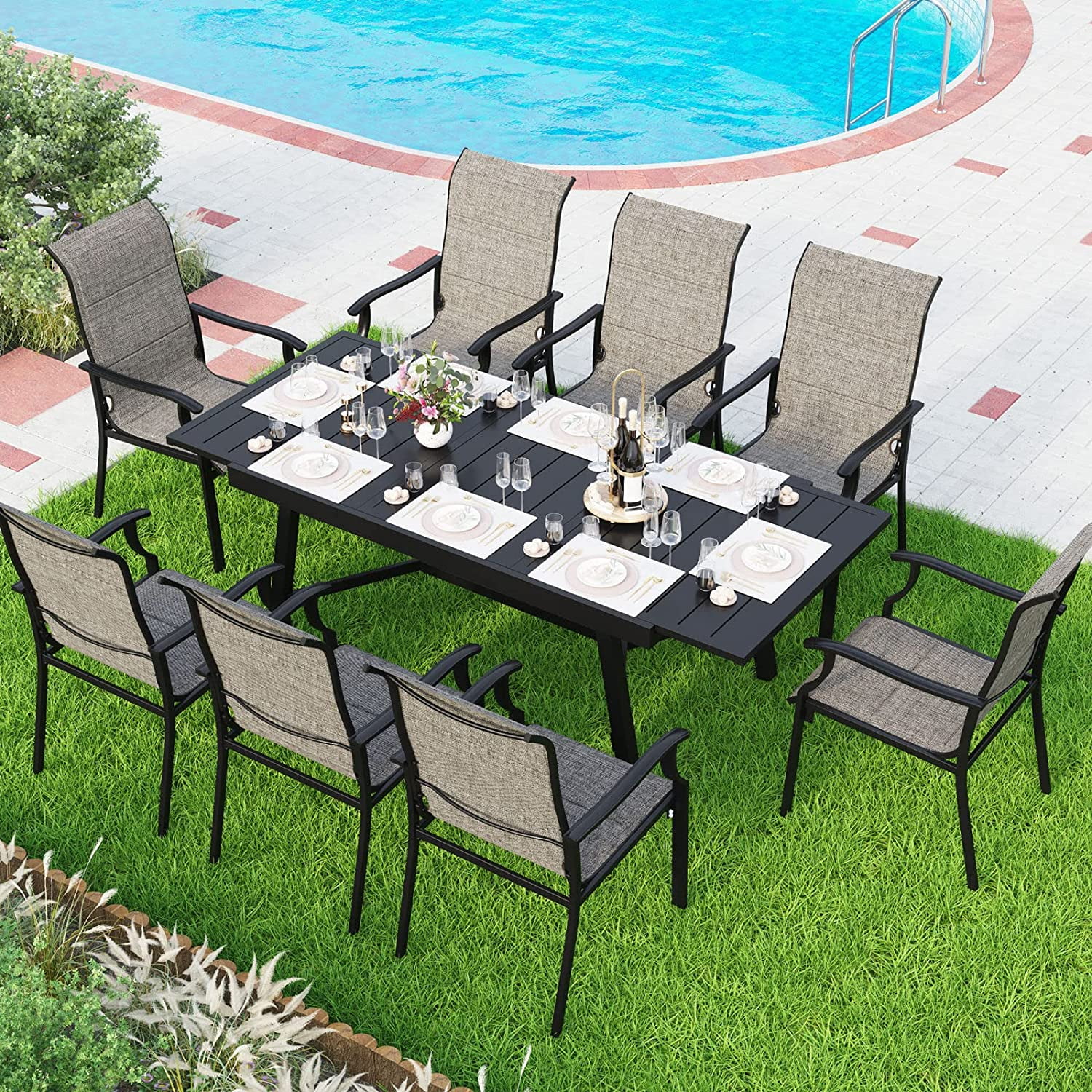 Patio Dining Set for 6  Rectangular Expandable Black Metal Table with 6 Padded Textilene Fabric Chairs  Outdoor Furniture Set for Garden  Poolside  Backyard  Porch