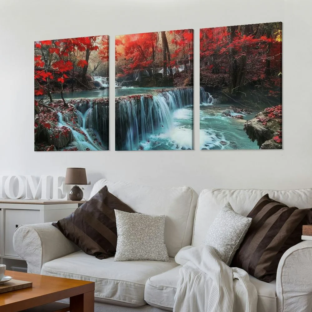 Ullo0ord Wall Art Decor Canvas Print Picture Red Forest Waterfalls Modern Landscape Tree for Living Room Bedroom Kitchen Office Home Decorations Stretched and Framed Ready to Hang