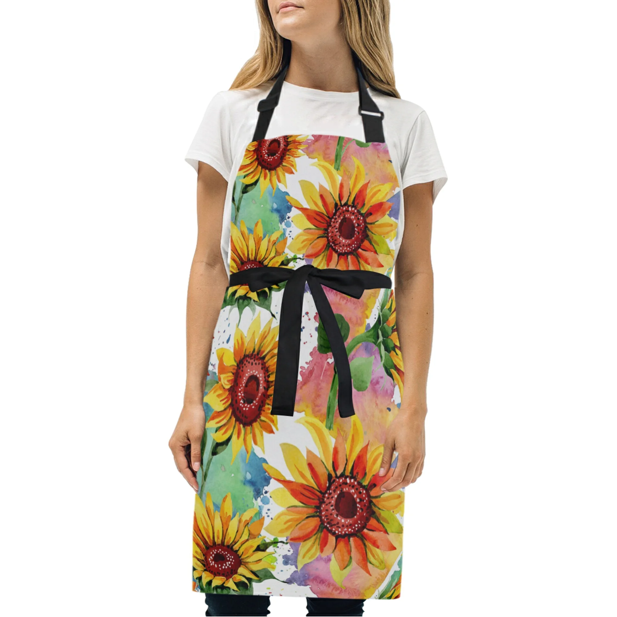 ALAZA Apron with 2 Pockets for Women Men Colorful Sunflower Painting Floral Adjustable Garden Bib