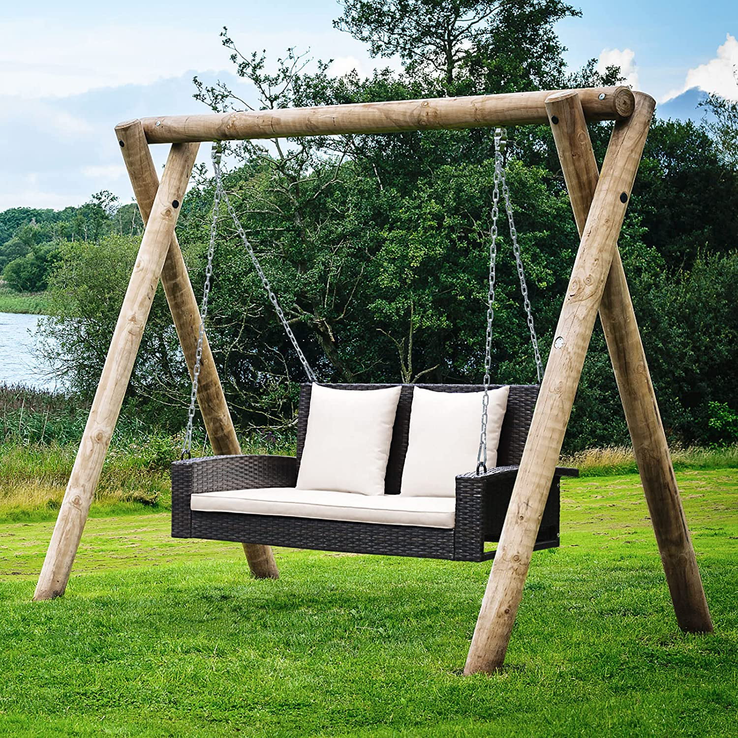 2-Person Wicker Hanging Porch Swing W/ 2 Back Cushions & 1 Seat Cushion, Sturdy Steel Chain, 800lbs Weight Capacity