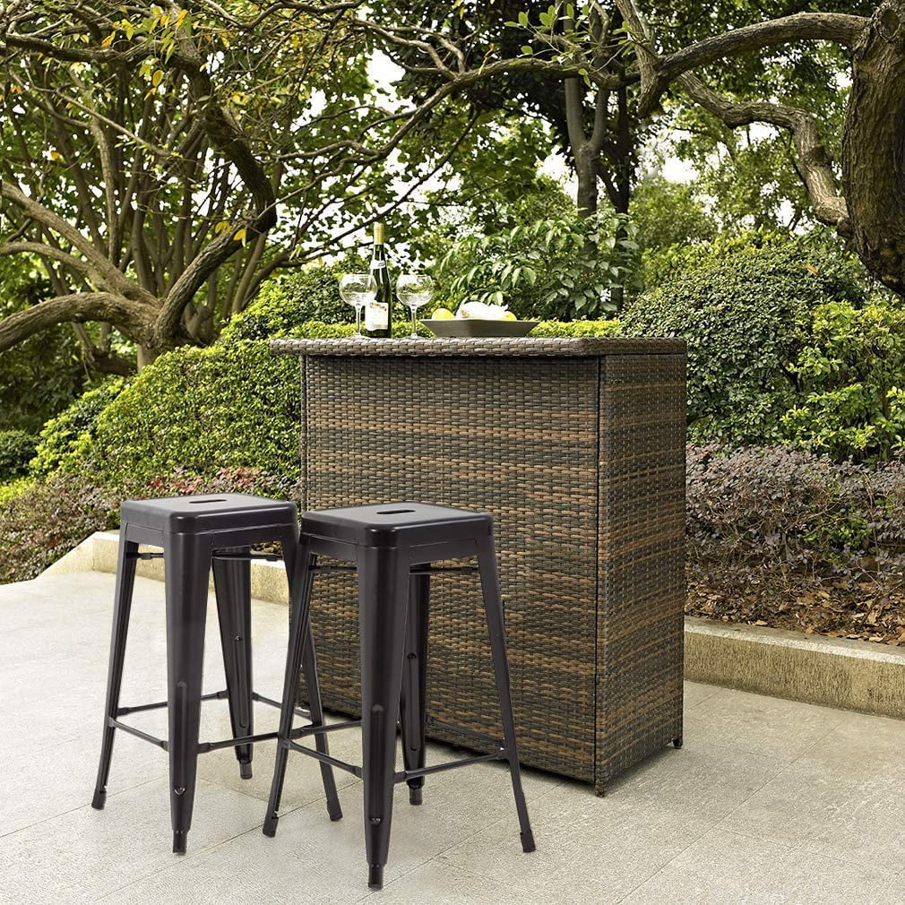 CHIDSL TUIONMJ Metal TUIONMJ Stools Set of 4 Counter Height Wood Seat Barstool 24 Inches Industrial TUIONMJ Chairs Patio Stool Stackable Backless Stool Indoor Outdoor Metal Kitchen Stools