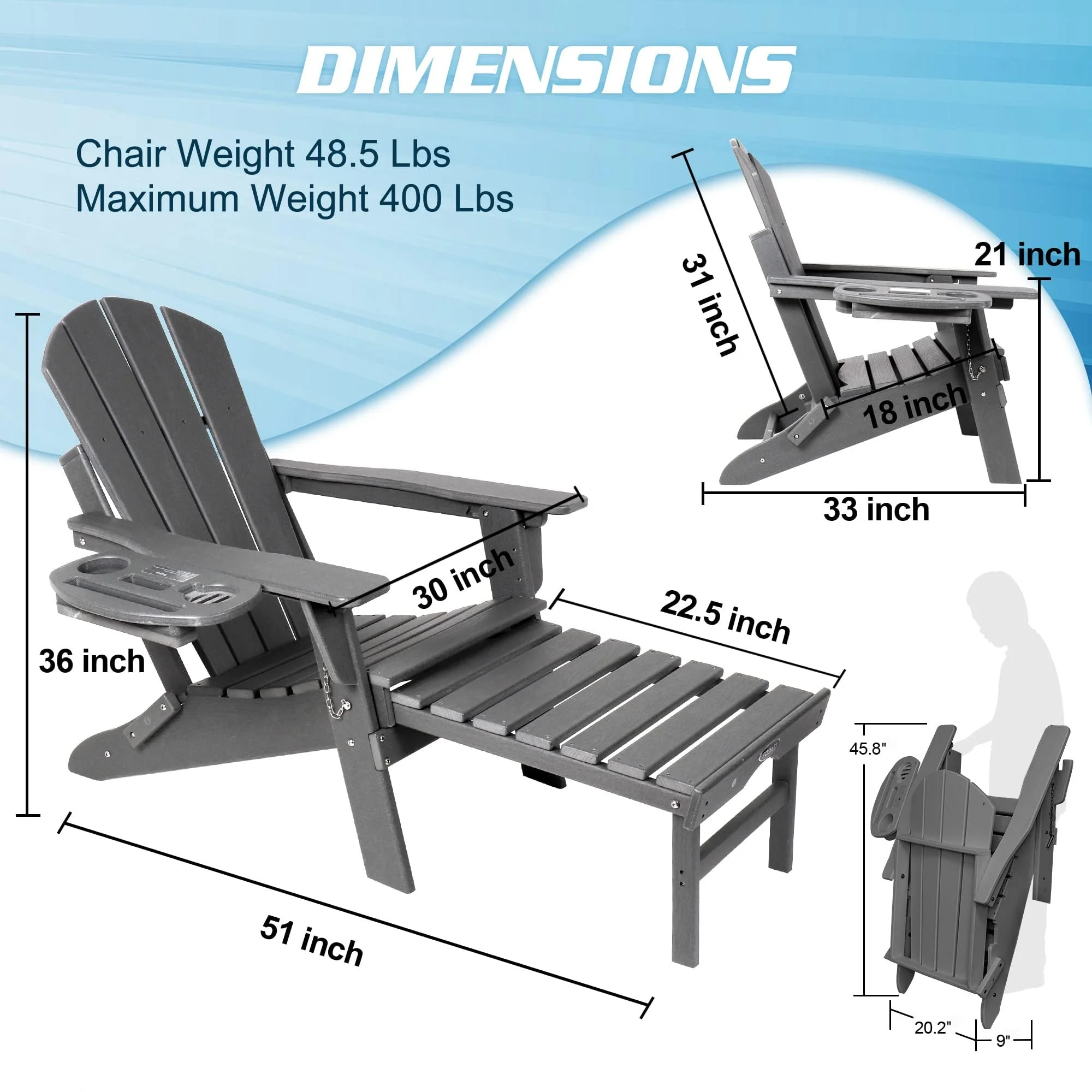 Folding Adirondack Chair with Retractable Ottoman, HDPE All-Weather Resistant Adjustable Backrest Adirondack Chair w/4 in 1 Cup Holder Trays, Wood Texture Grey