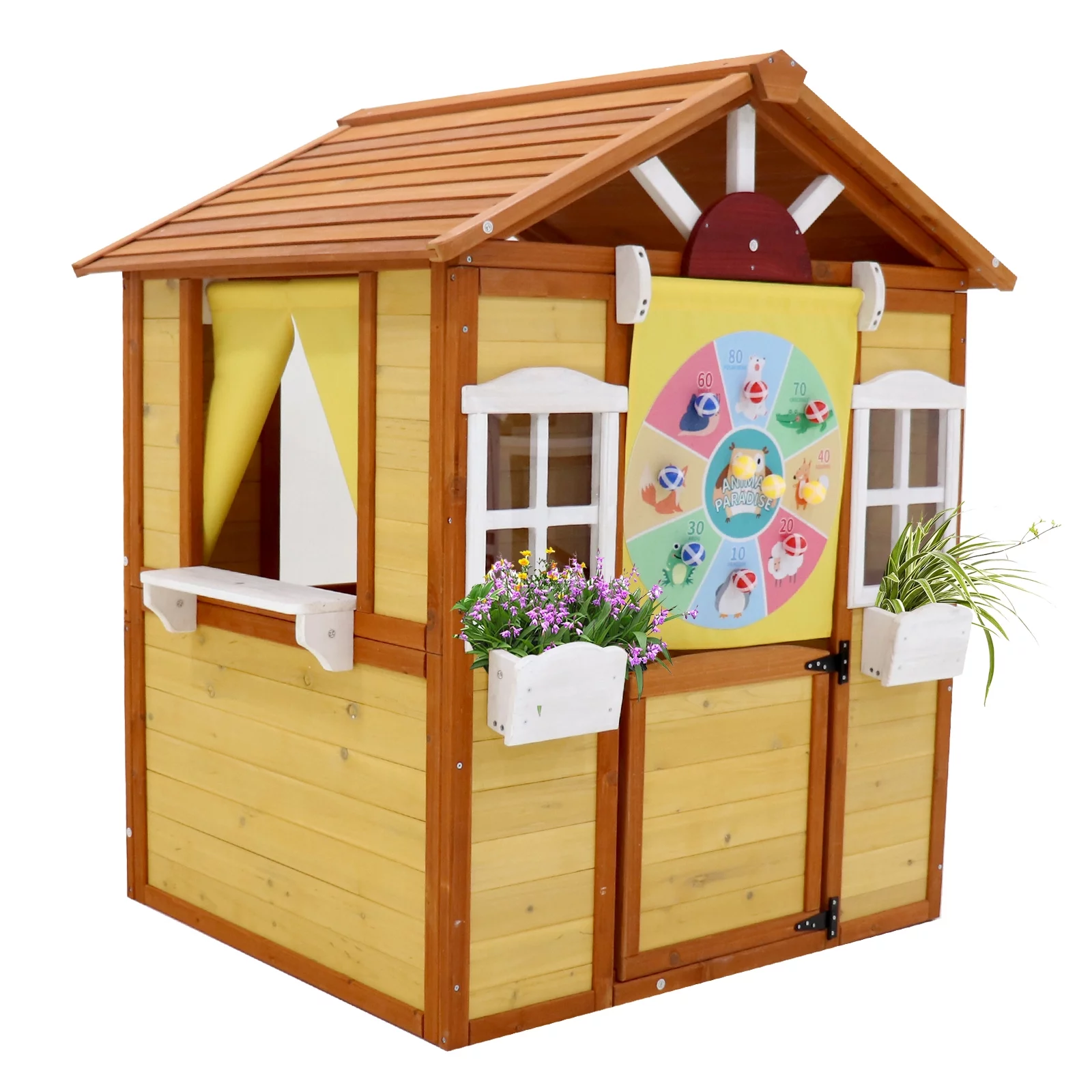 Outdoor Playhouse for Kids Wooden Cottage with Working Doors and Windows