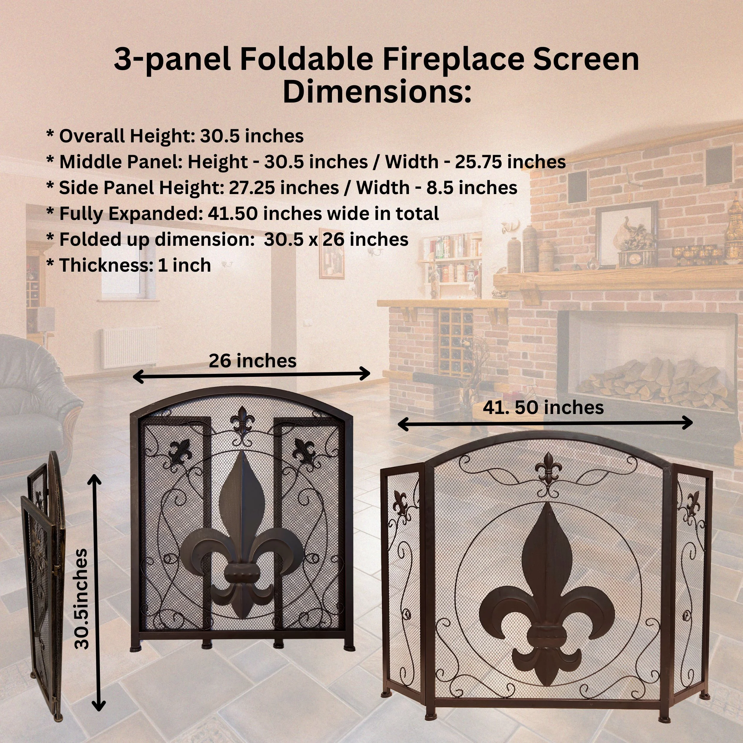 3-panel Foldable Fireplace Screen with Fleur De Lis Design