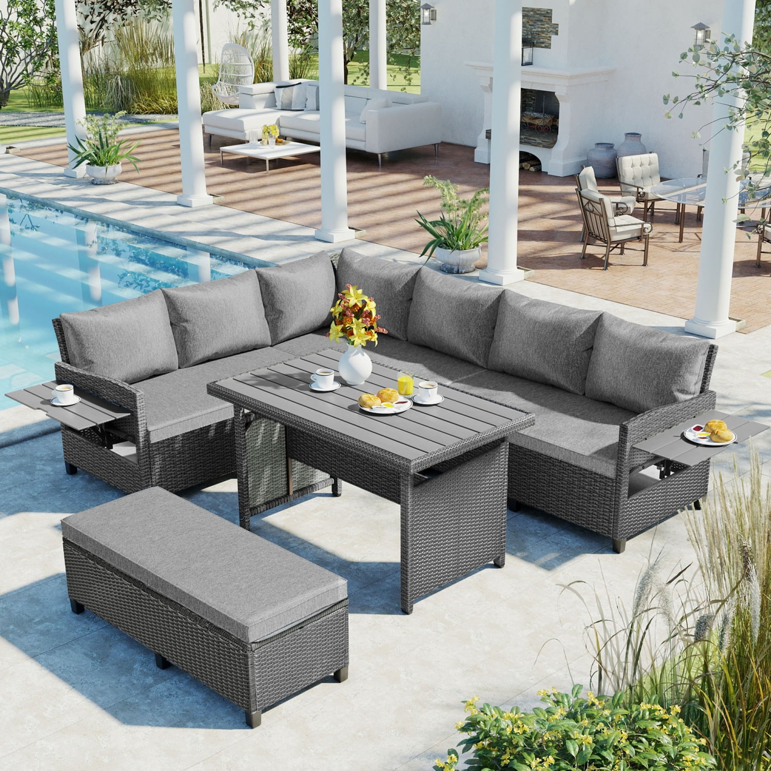 Upgrade Your Outdoor Space with this Sleek and Modern 5-Piece Gray Outdoor Rattan Sofa Set from TOMAX. This Stylish Sectional PE Wicker L-Shaped Garden Furniture Set includes 2 Extendable