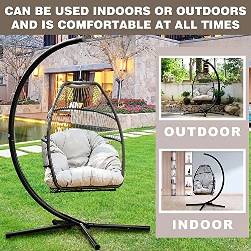 Hanging Egg Swing Chair Outdoor Hammock Chair with Stand, Wicker Rattan Patio Swing Egg Chair, Outdoor Swings for Adults, Swing Chairs for Outside, Hanging Chair for Patio, Bedroom, Garden and Balcony