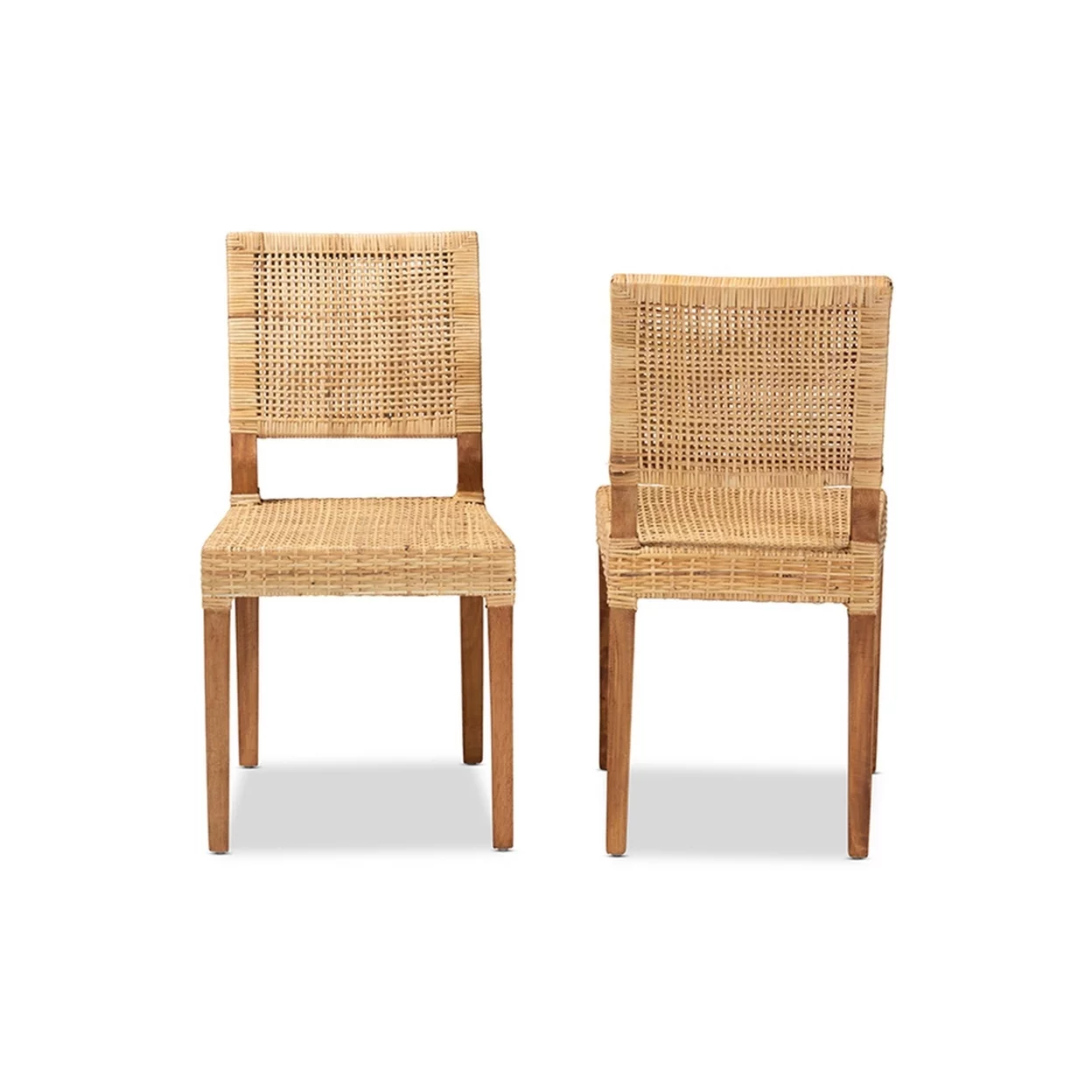 Baxton Studio Lesia Modern Bohemian Natural Brown Rattan and Walnut Brown Finished Wood 2-Piece Dining Chair Set