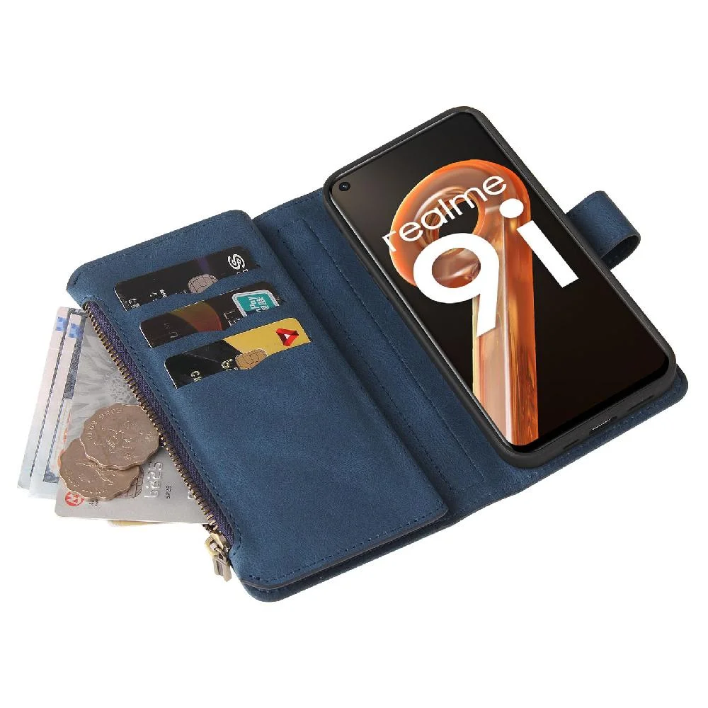 Case for OPPO Realme 9i Phone Case Fifteen Card Slots PU Leather Magnetic Closure Zipper Poket With Card Slot Stand