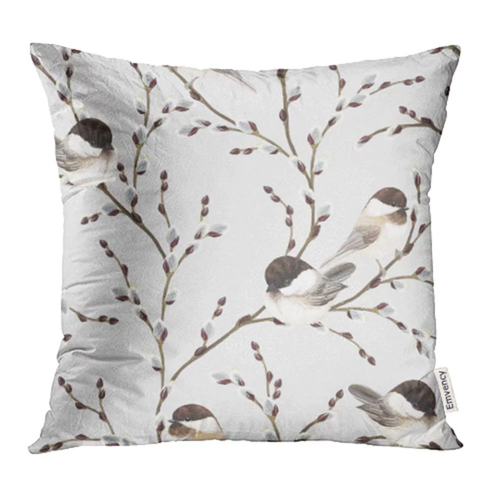 Brown of Willow Branches and Birds Black Capped Chickadee on Gray in Vintage Pillowcase Cushion Cover 16x16 inch