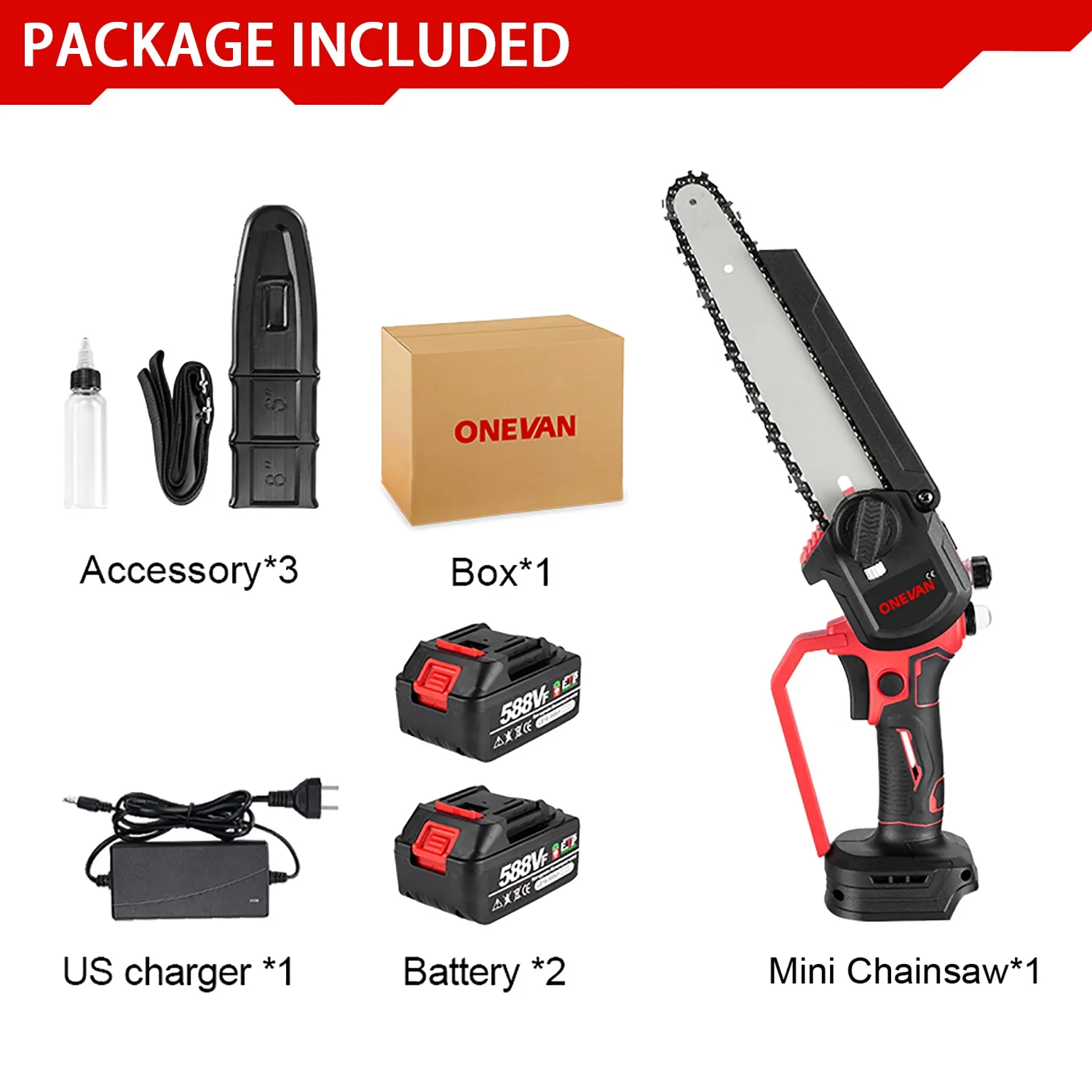 ONEVAN Mini Chainsaw Cordless 8 inch with 2 Batteries, Brushless Handheld Chain Saw, Battery Powered Small Chainsaw for Tree Trimming Wood Cutting