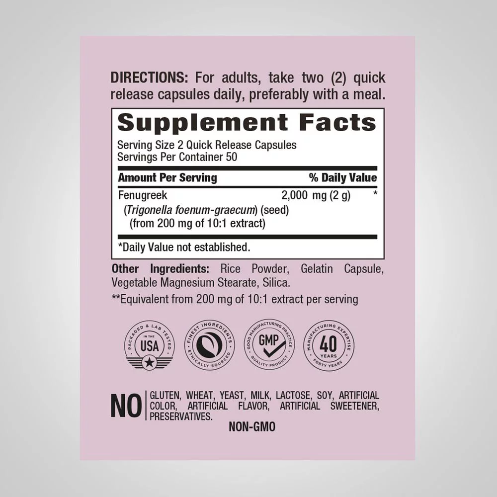 Fenugreek 2000 mg (per serving) | 100 Quick Release Capsules | Non-GMO, Gluten Free | By Piping Rock