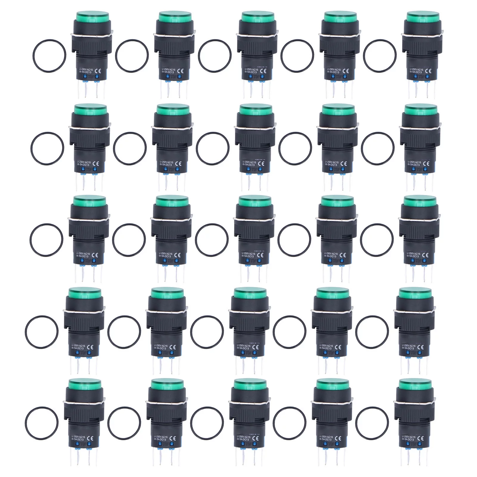 Emoshayoga Automatic Locking Switches, 25 Pieces 16 mm Round 24 V Non-Oxidised Push Button Switches, 25 Pieces Shock Resistant Push Button Switches for Appliances (Green)